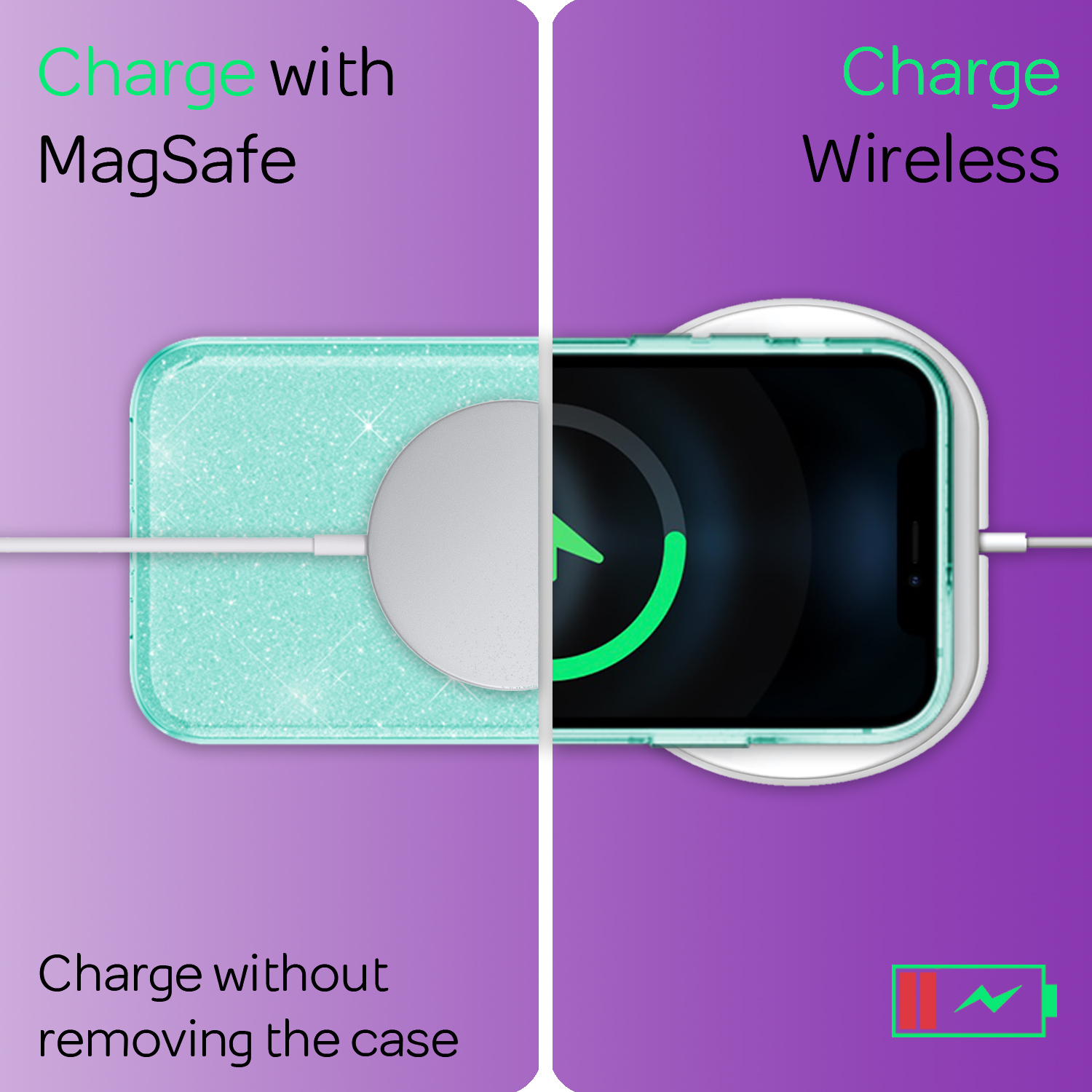 Handyhülle mit MagSafe und kabellosem Laden. Es zeigt den Ladevorgang des Telefons.