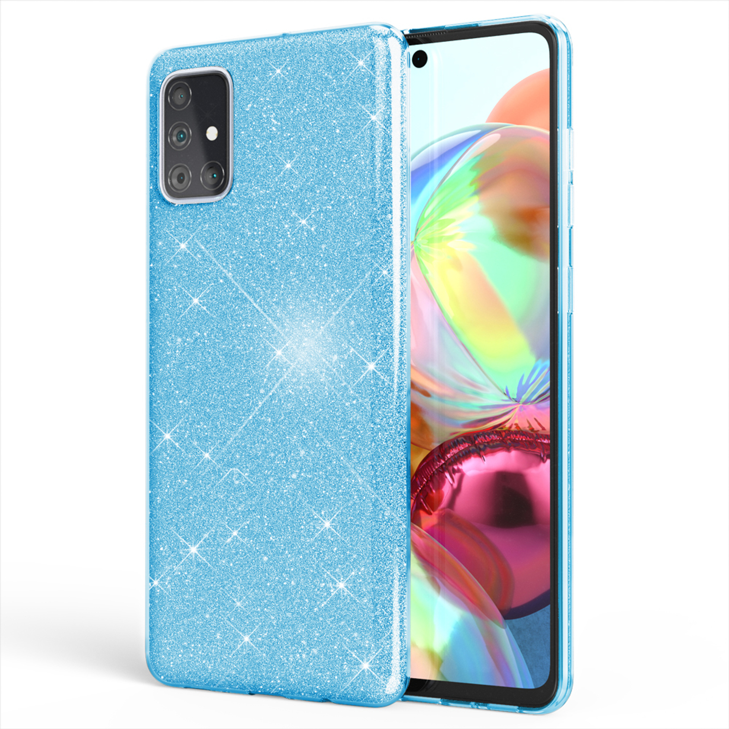 Blaue Glitzer-Handyhülle mit Telefon darin. Weißer Hintergrund. Das Telefon hat einen bunten Hintergrund.