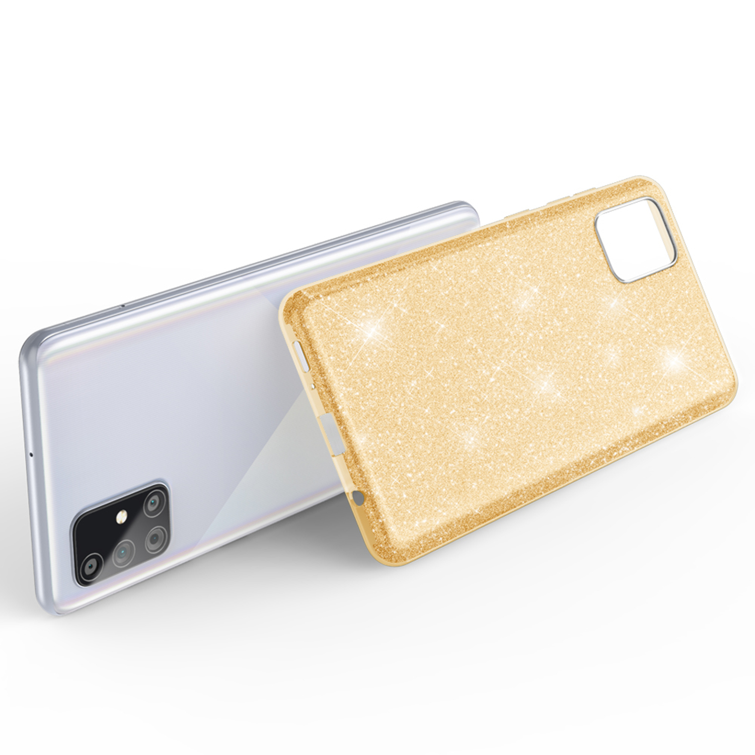 Goldene Glitzer-Handyhülle mit einem Telefon. Hülle ist offen. Hintergrund ist weiß.