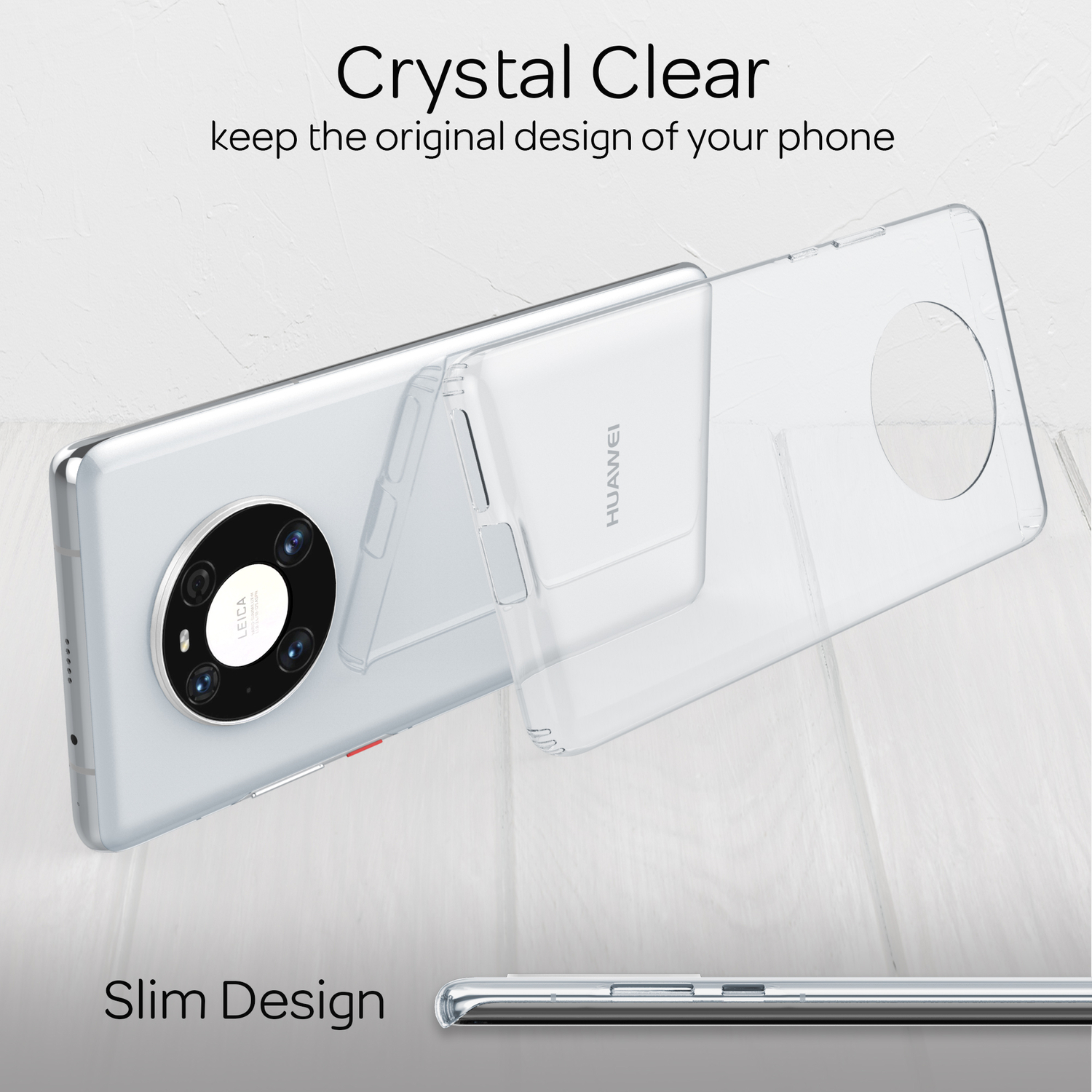 Un téléphone avec un étui transparent. L'étui est sur une table en bois. Le texte dit 'Crystal Clear'.