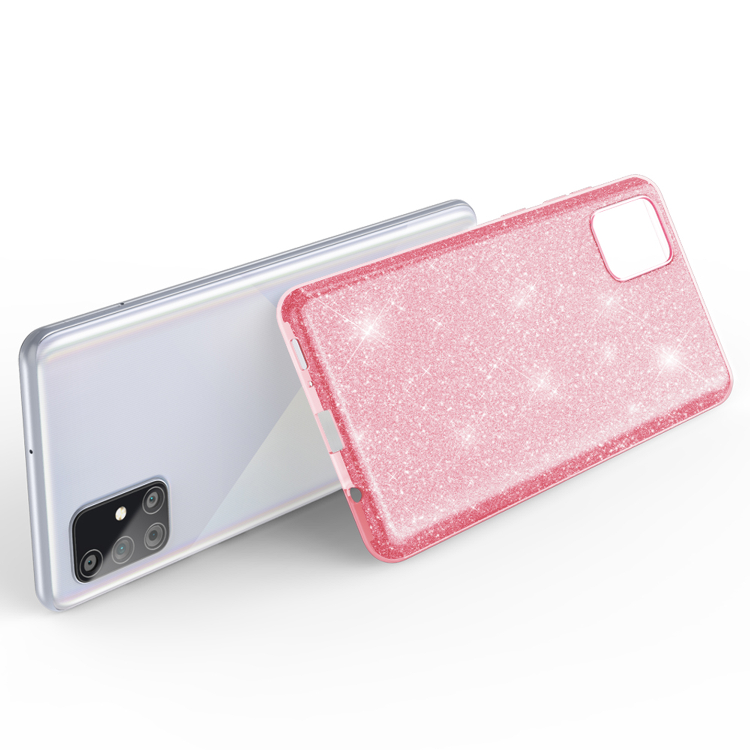 Rosa Glitzer-Handyhülle neben einem silbernen Telefon, Rückseite.