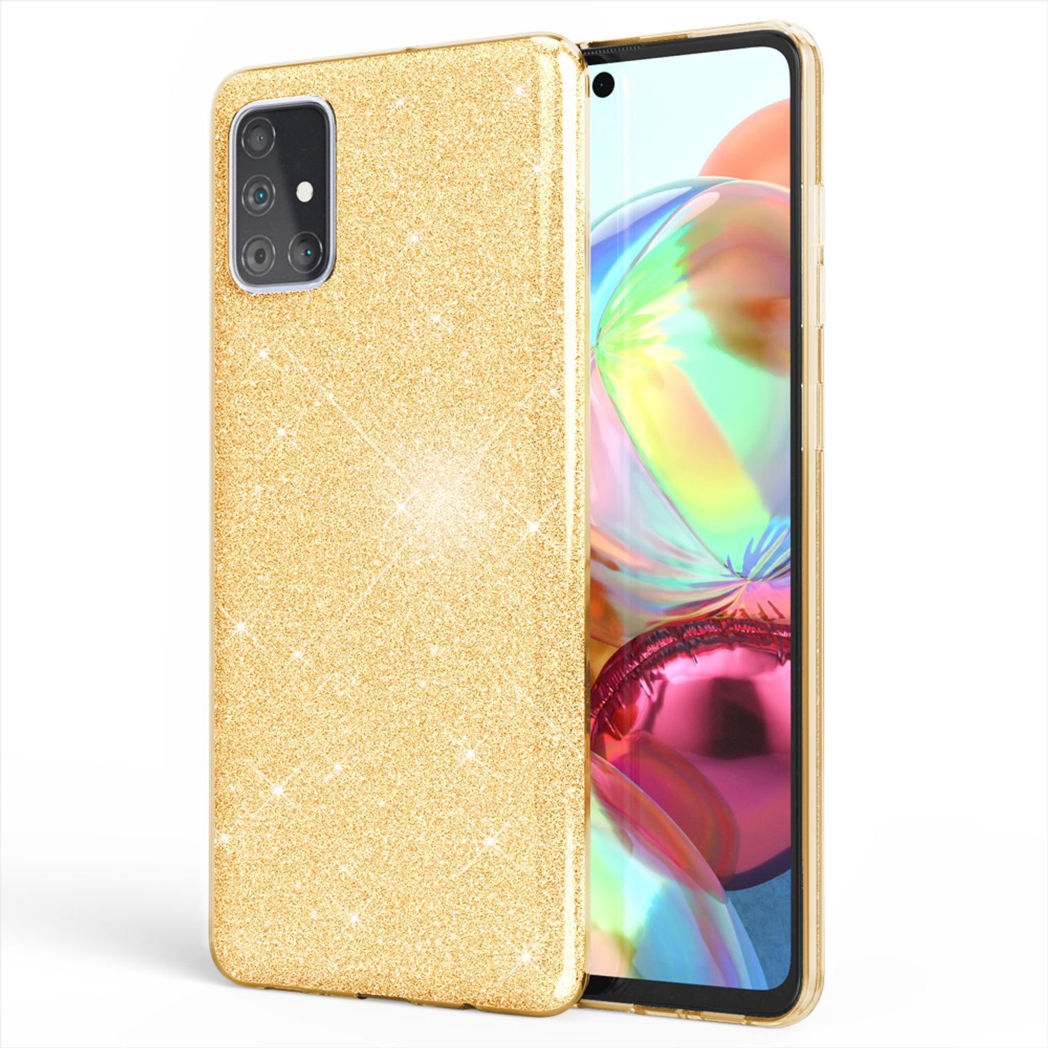 Goldene Glitzer-Handyhülle, geöffnet. Ein Telefon ist in der Hülle.