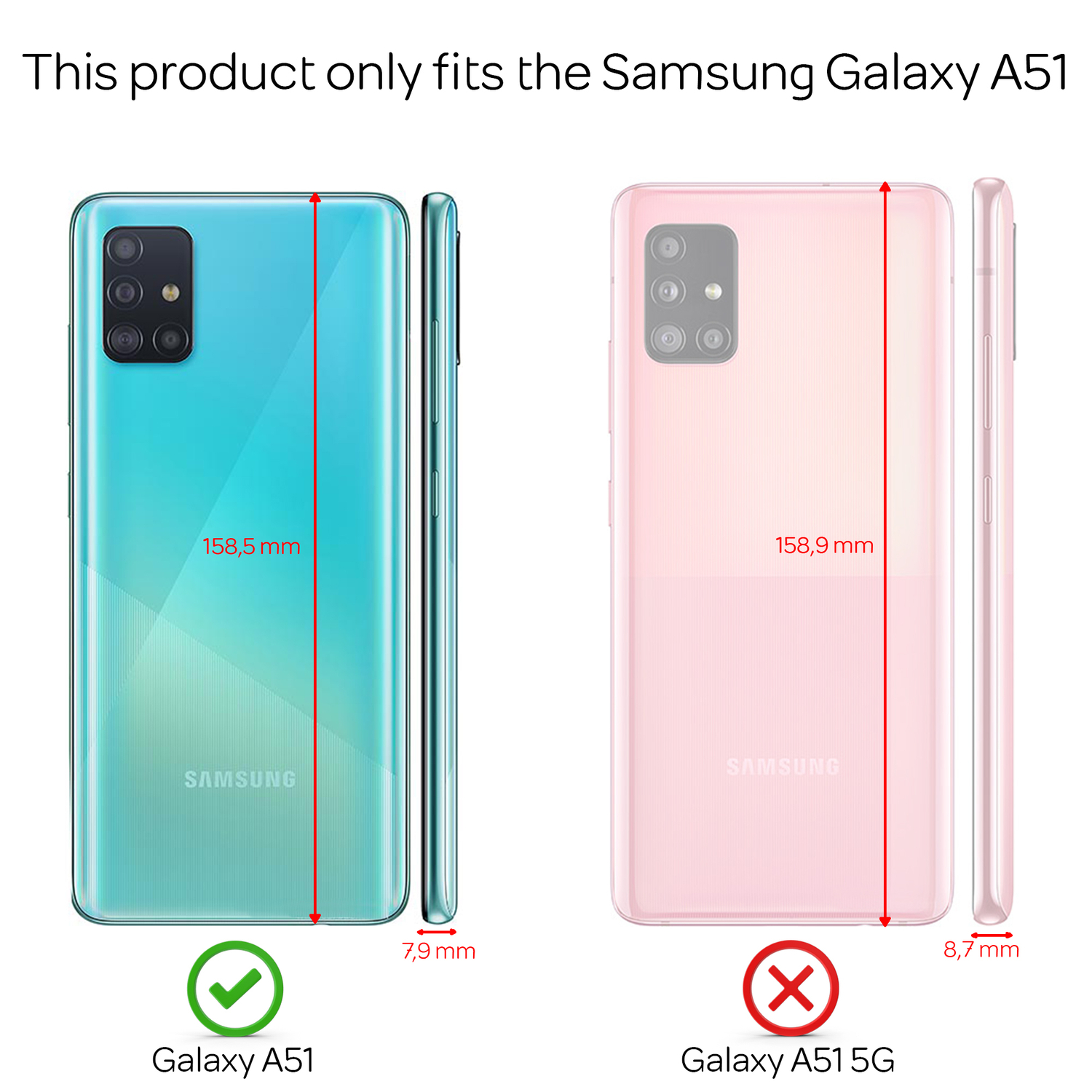 Zwei Telefone, eines grün, eines rosa, Abmessungen und Kompatibilitätsdetails werden gezeigt.