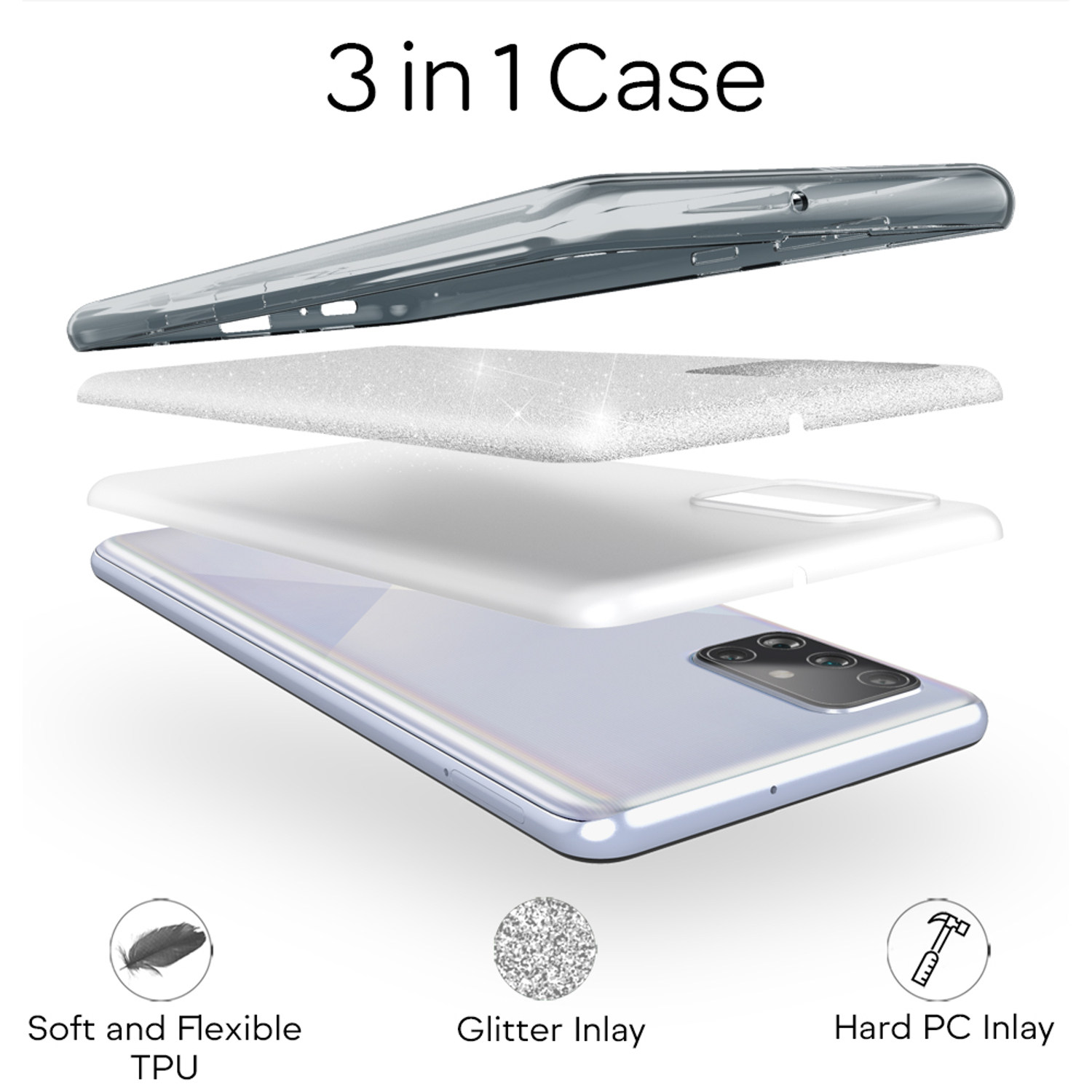 Eine 3-in-1-Handyhülle mit Schichten aus TPU, Glitzer-Inlay und Hart-PC-Inlay.