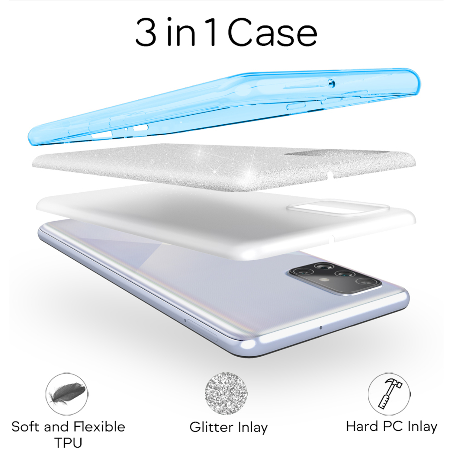Handyhüllen-Schichten: blaues TPU, Glitzer-Inlay und ein hartes PC-Inlay über einem Telefon. Weiches TPU und Glitzer-Inlay.