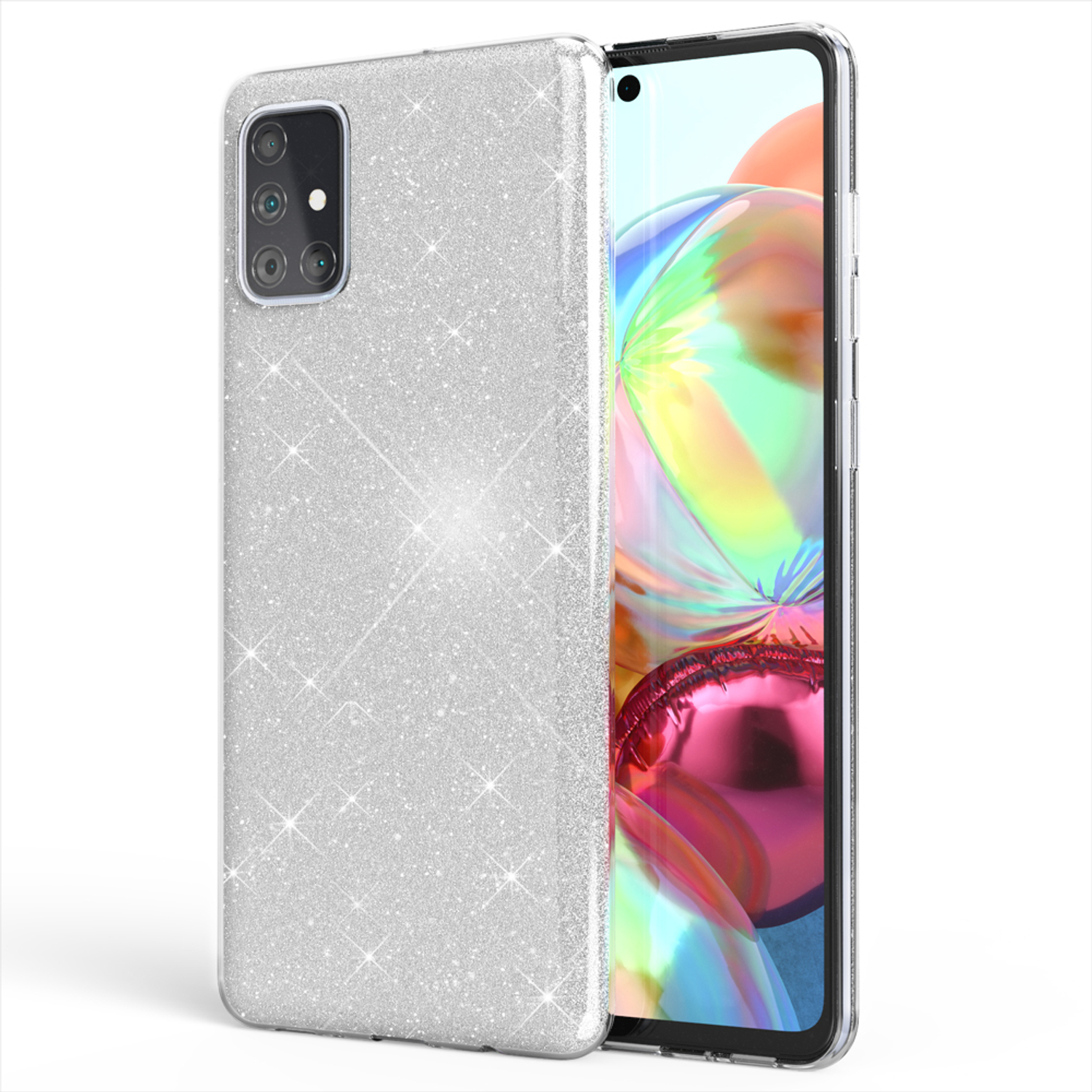 Eine silberne Glitzer-Handyhülle mit Smartphone auf weißem Hintergrund.