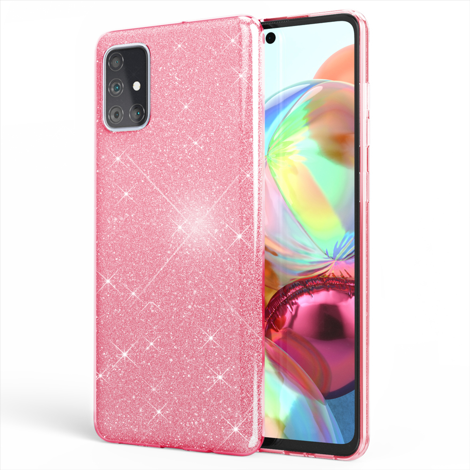 Rosa Glitzer-Handyhülle mit rosa Handy darin. Weißer Hintergrund, glänzend.
