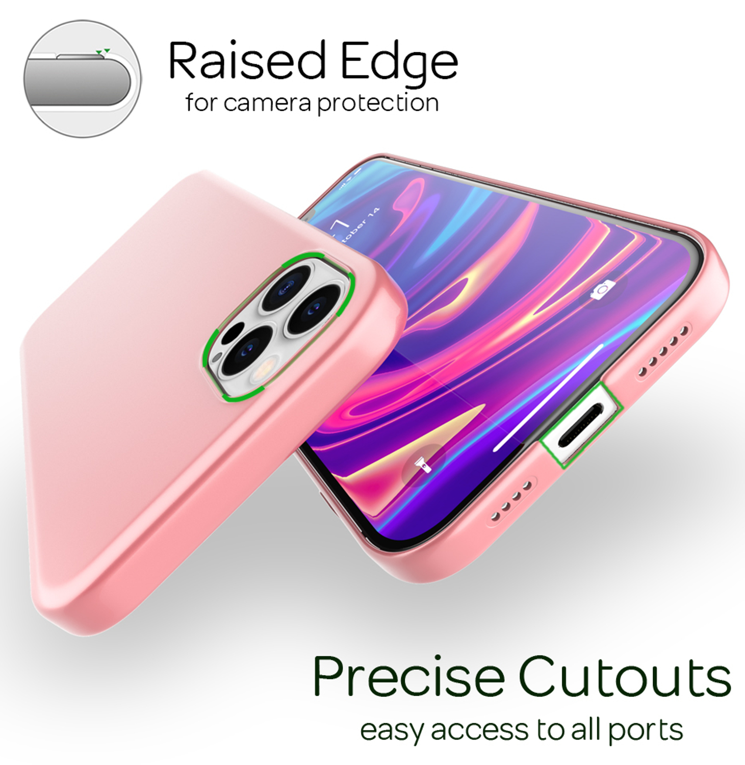 Eine pinke Handyhülle mit einem Telefon darin. Es hat eine erhöhte Kante und Aussparungen für Anschlüsse.