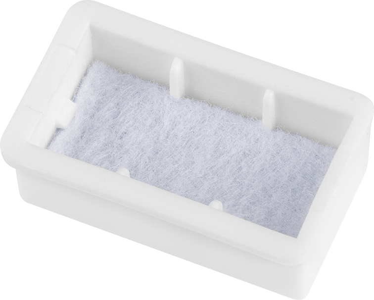 Biały prostokątny filtr z szarym materiałem filtrującym. Widok z góry.