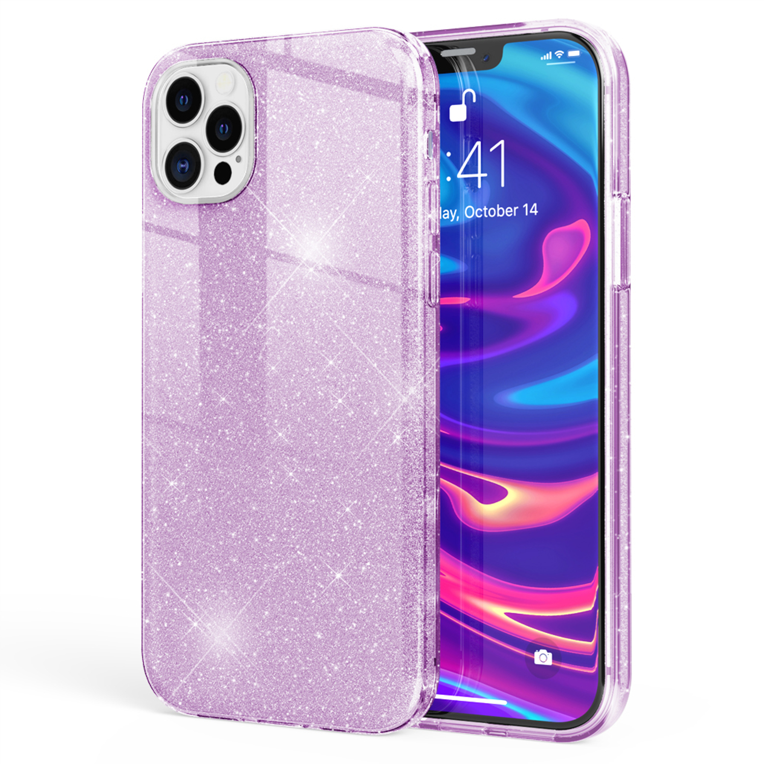Eine glitzernde lila Handyhülle mit einem Telefon darin. Der Telefonbildschirm zeigt ein blaues Bild.