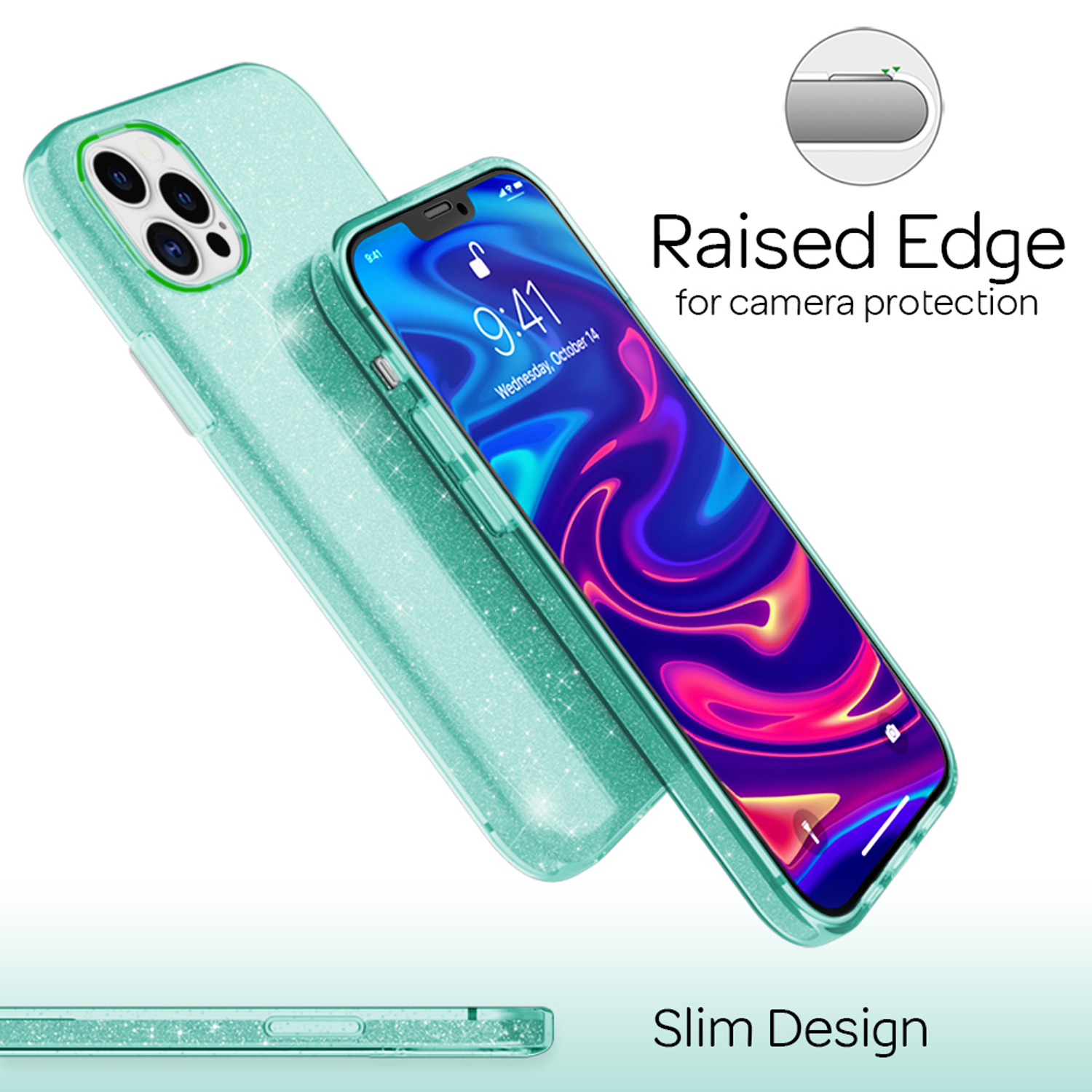 Minzgrüne Handyhülle mit Telefon. Merkmale: erhöhte Kante für Kameraschutz und schlankes Design.