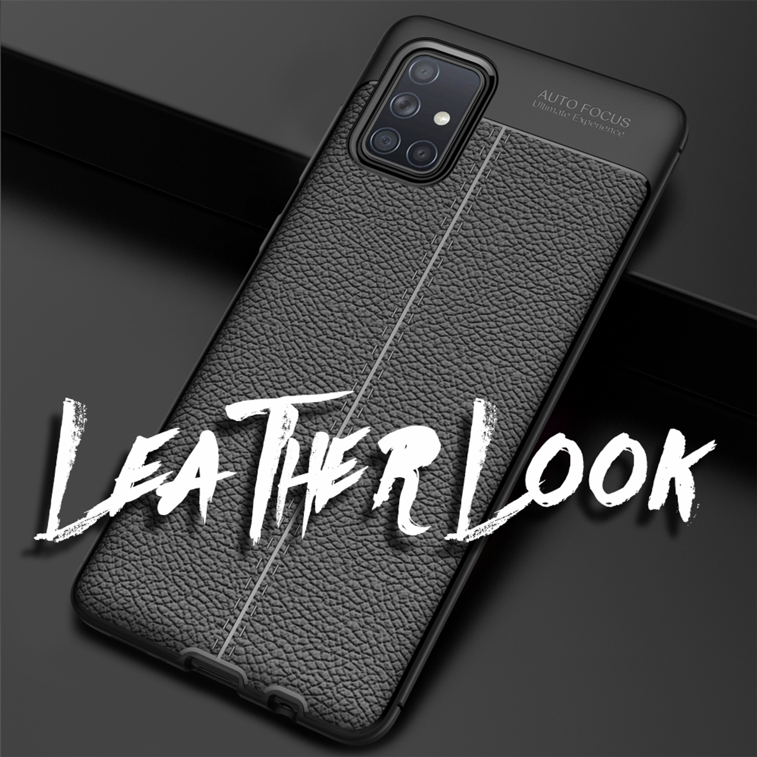 Schwarze Handyhülle in Lederoptik mit Ziernähten. Text lautet "LEATHER LOOK".