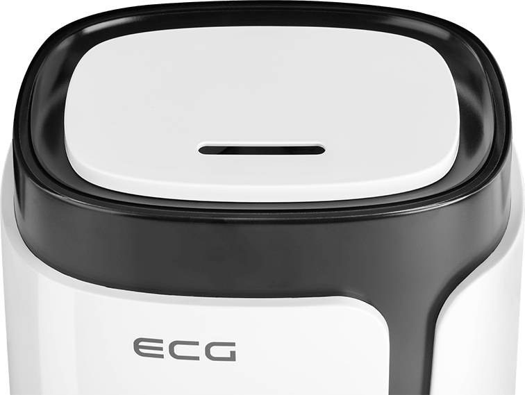 Biało-czarny kosz na śmieci z logo ECG. Na górze znajduje się szczelina do wkładania przedmiotów.