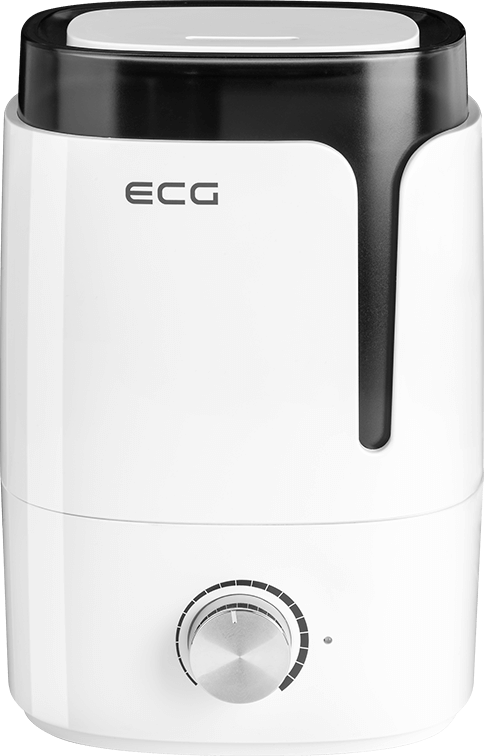 Biały i czarny nawilżacz z pokrętłem i logo ECG. Ma kształt walca.