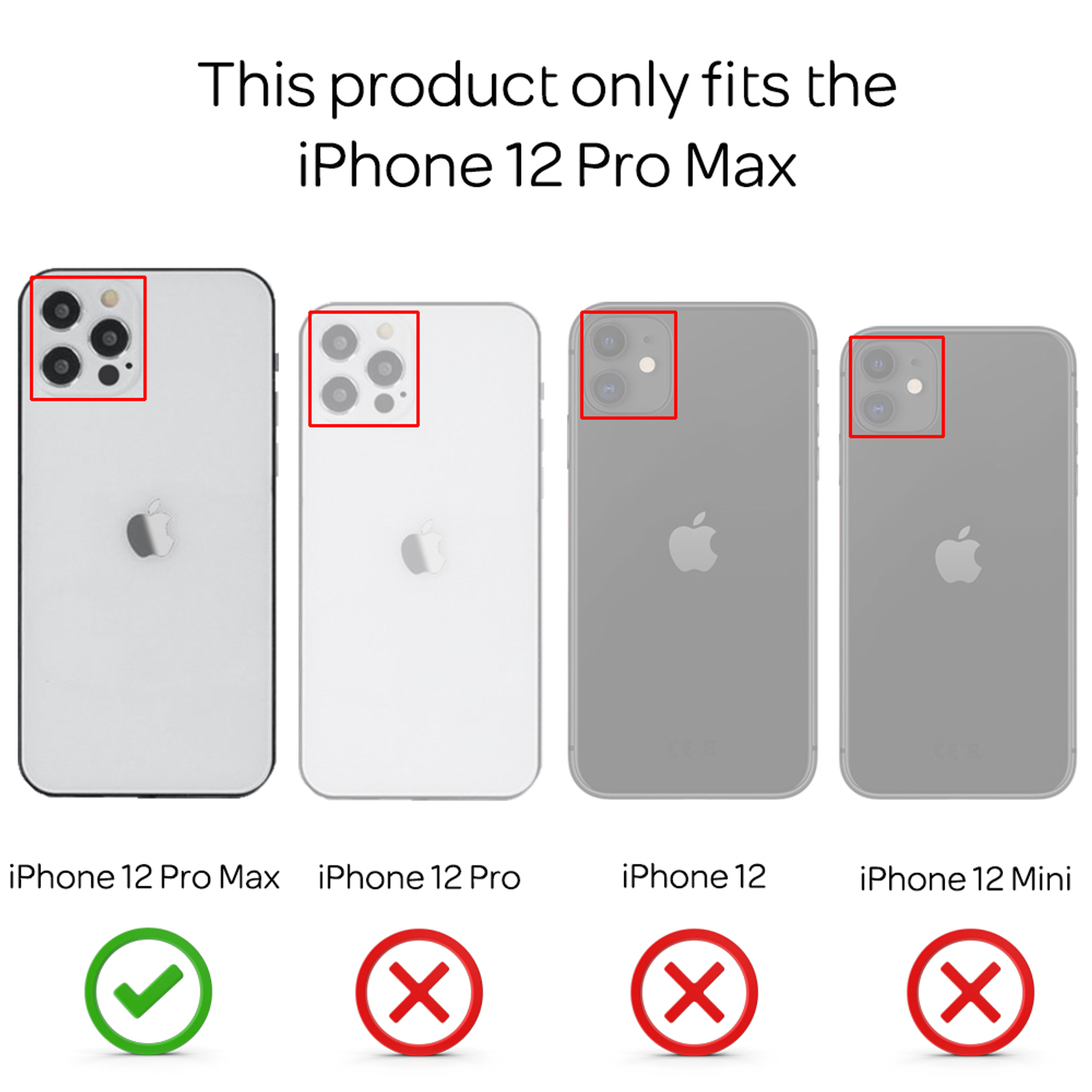 Vier Telefone nebeneinander. Das iPhone 12 Pro Max ist korrekt. Die anderen haben ein rotes „X“ über sich.