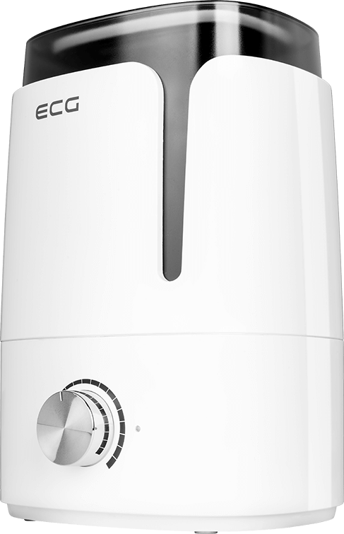 Biały nawilżacz z czarnym wierzchem i srebrnym pokrętłem.