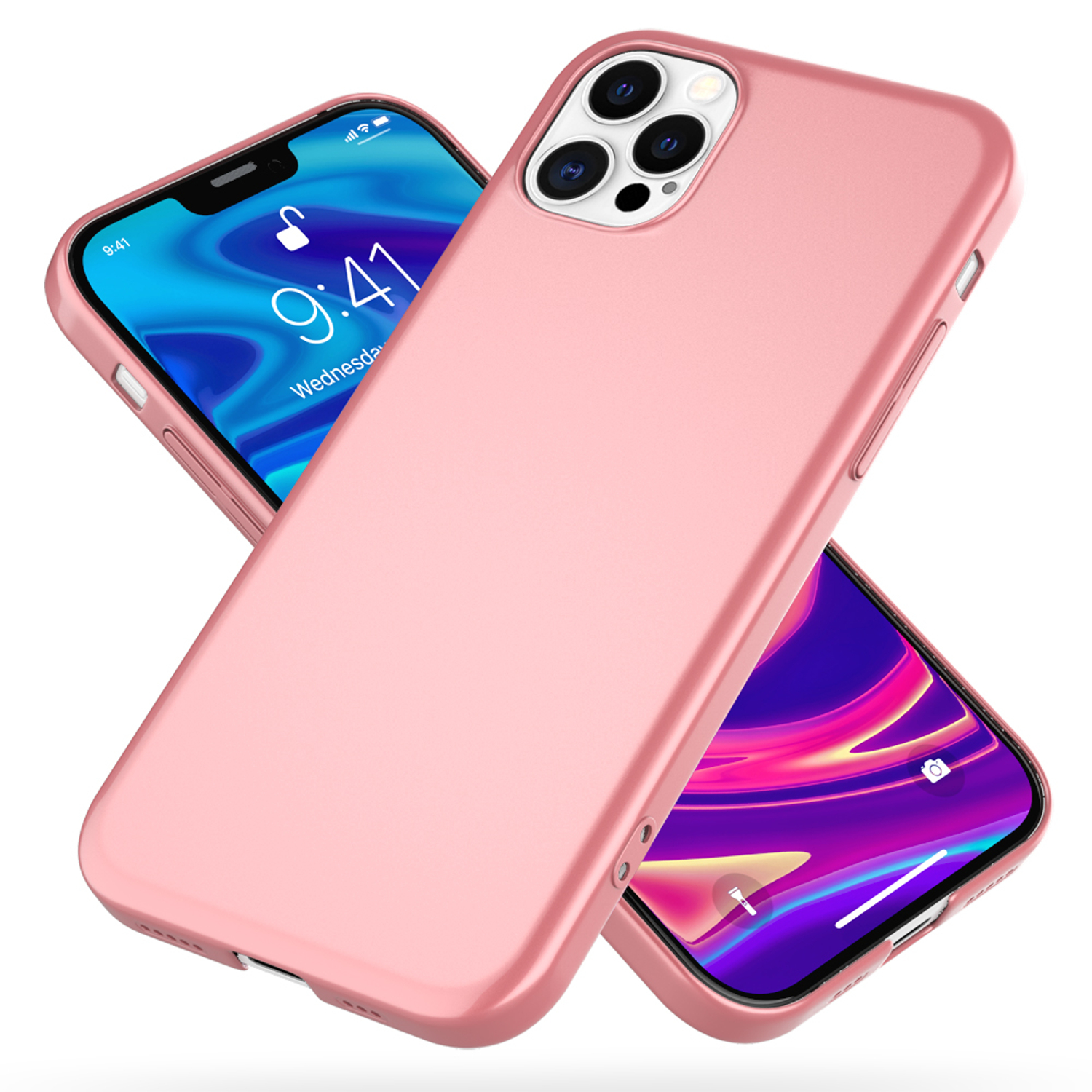 Zwei pinke iPhone-Hüllen, eine mit einem Telefon, das einen Sperrbildschirm anzeigt, die andere hinten.
