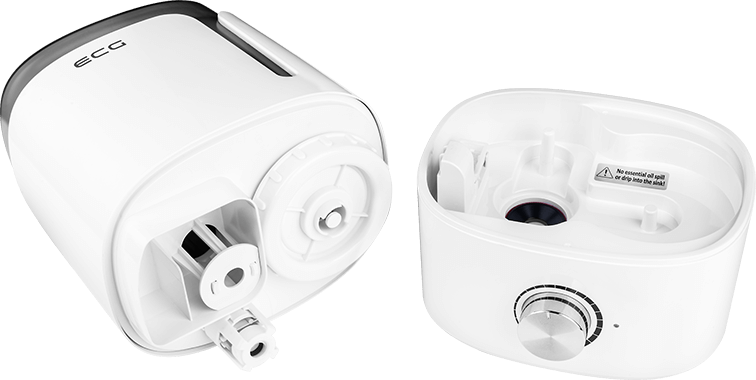 Biały nawilżacz, zdemontowany, pokazujący zbiornik na wodę i elementy sterujące.