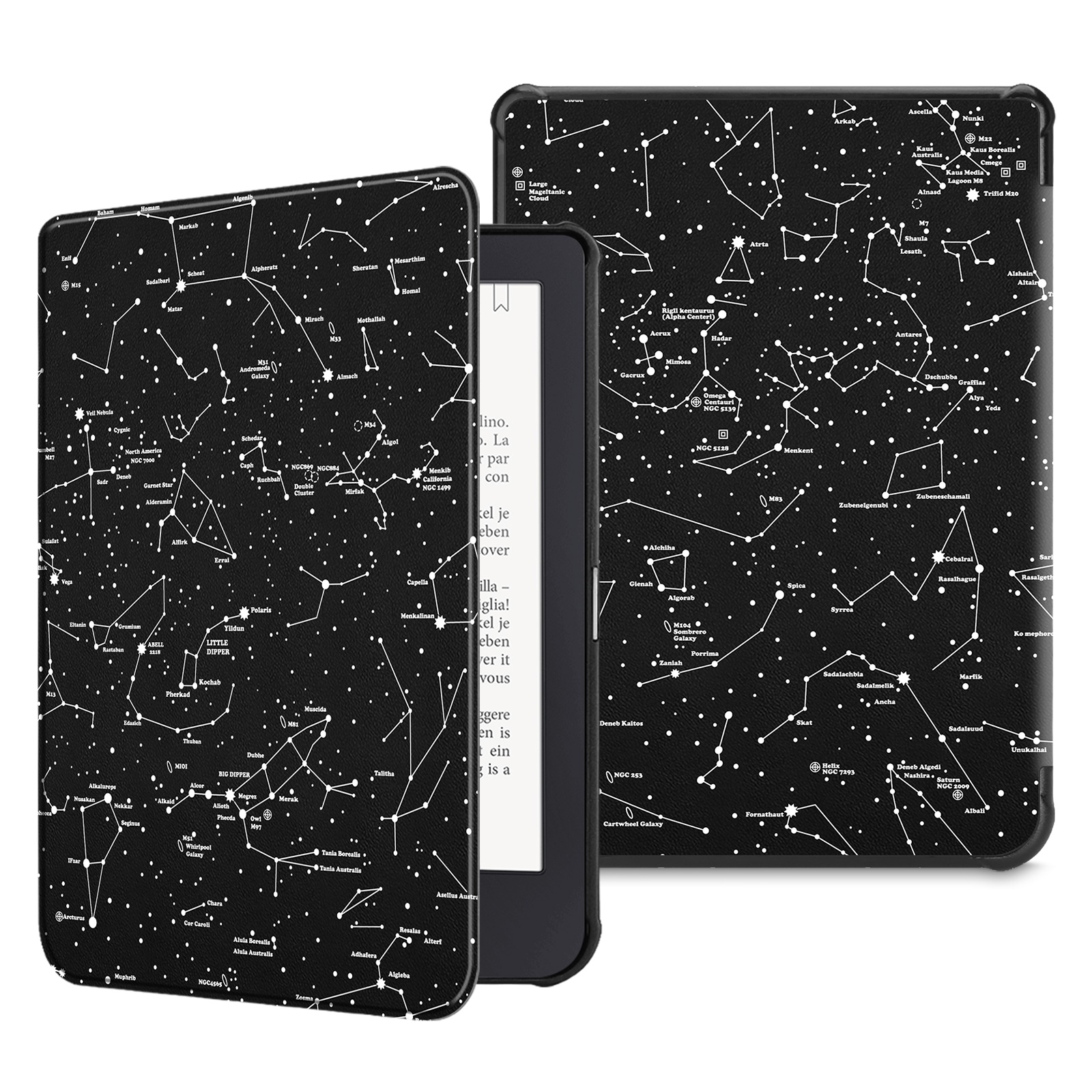 Schwarzer E-Reader mit schwarzem Cover mit weißem Sternbildmuster.