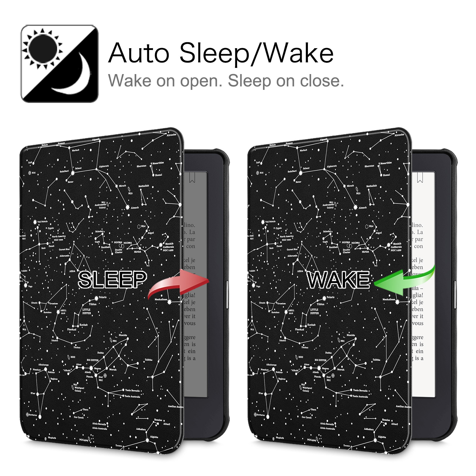 E-Reader im Schlaf- und Weckmodus. Schwarzer E-Reader, Sternenmuster. Text: Auto Sleep/Wake.