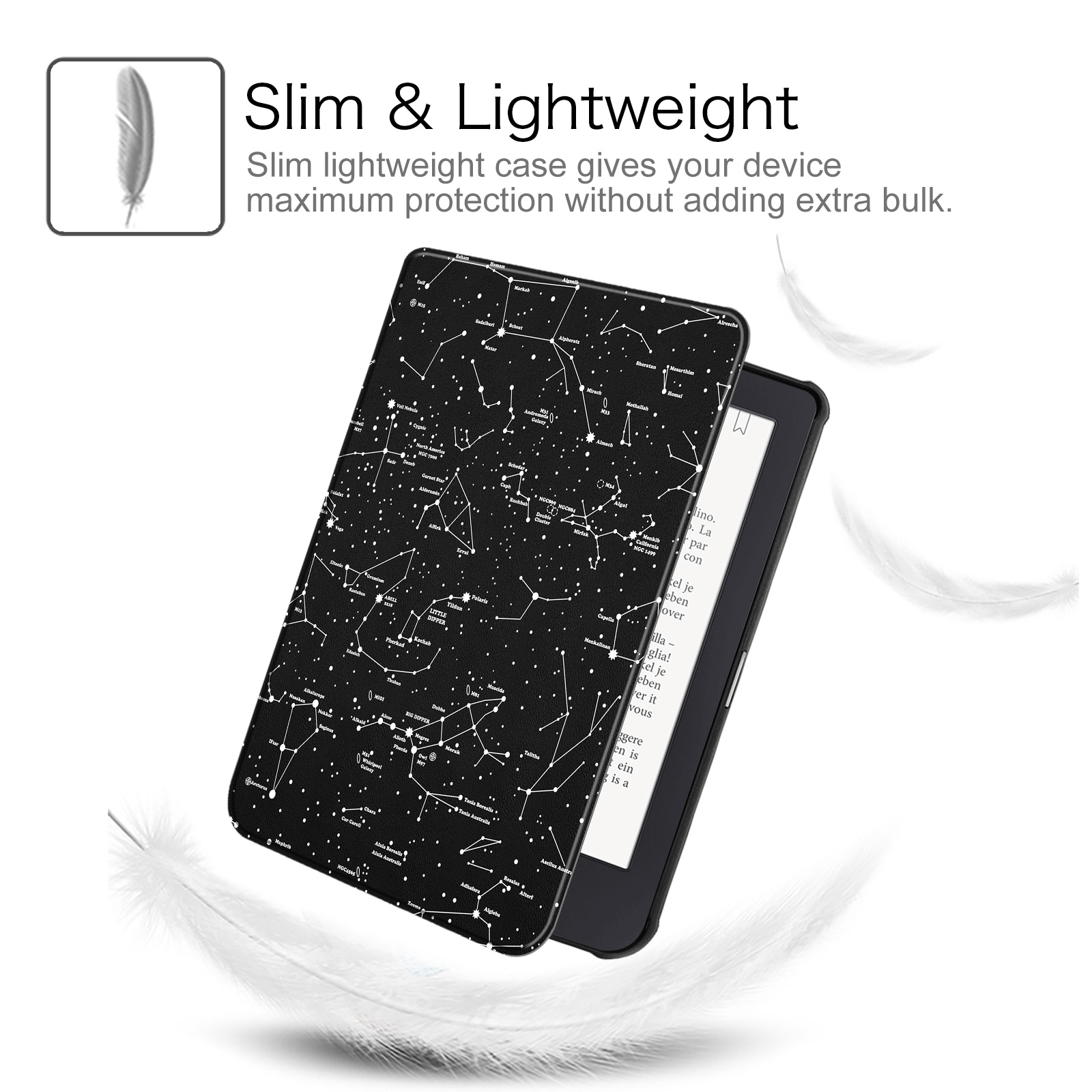 Schwarze Kindle-Hülle mit Sternbild-Design und weiße Federn auf weißem Hintergrund.