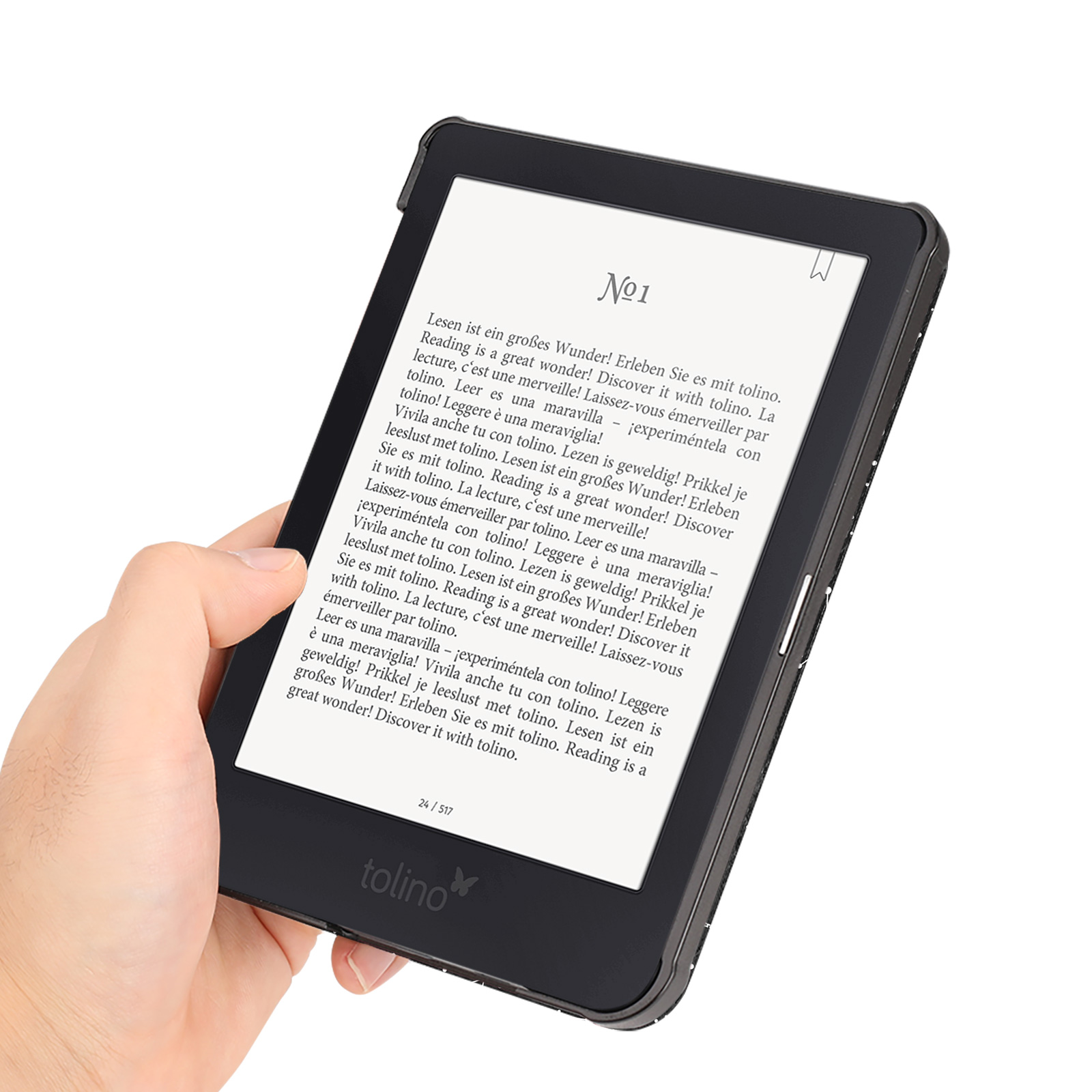 Person hält einen schwarzen E-Reader. Bildschirm zeigt Text. Weißer Hintergrund. Marke Tolino sichtbar.