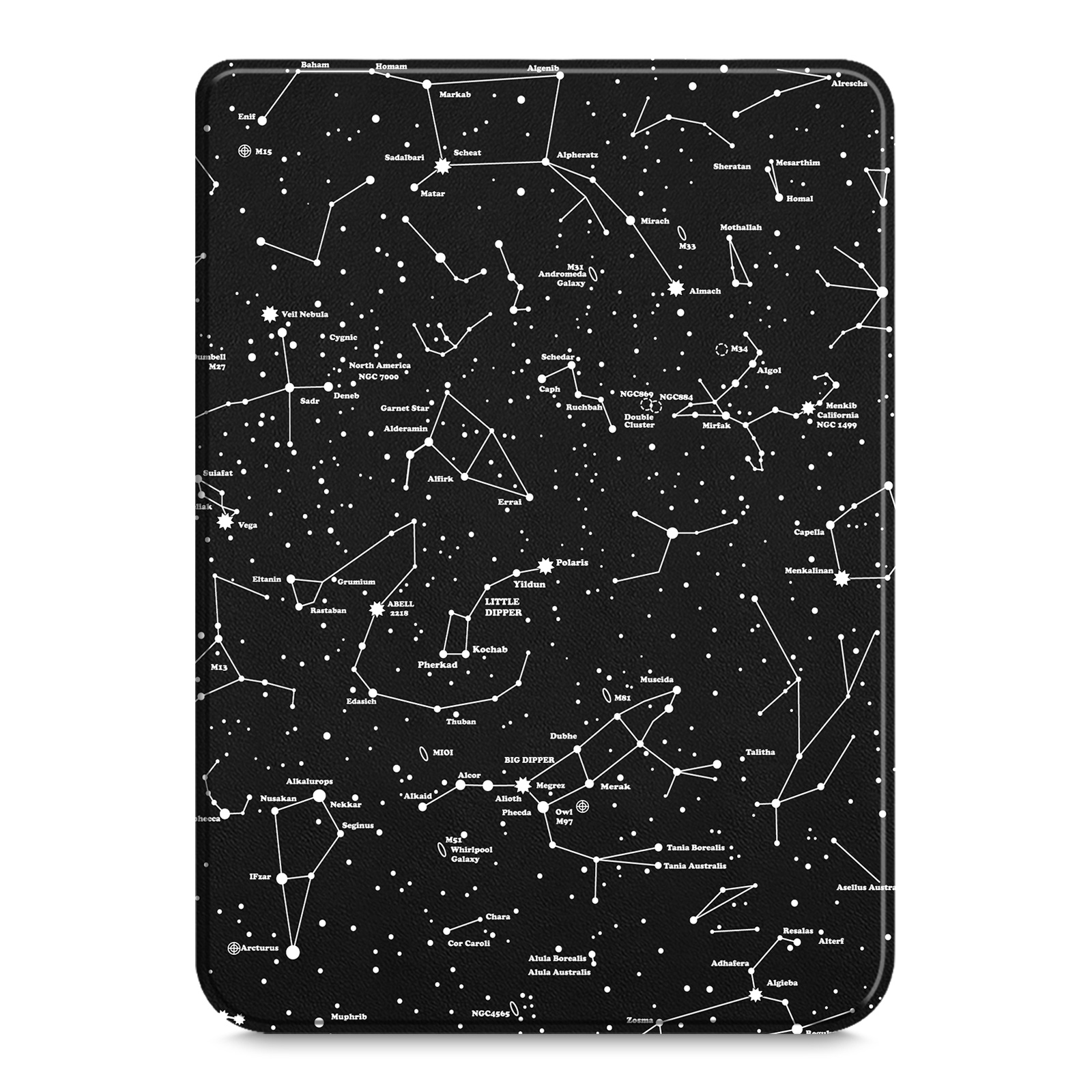 Schwarzes Tablet mit Sternbildmuster, weiße Sterne auf schwarzem Hintergrund, mit Sternbildnamen.