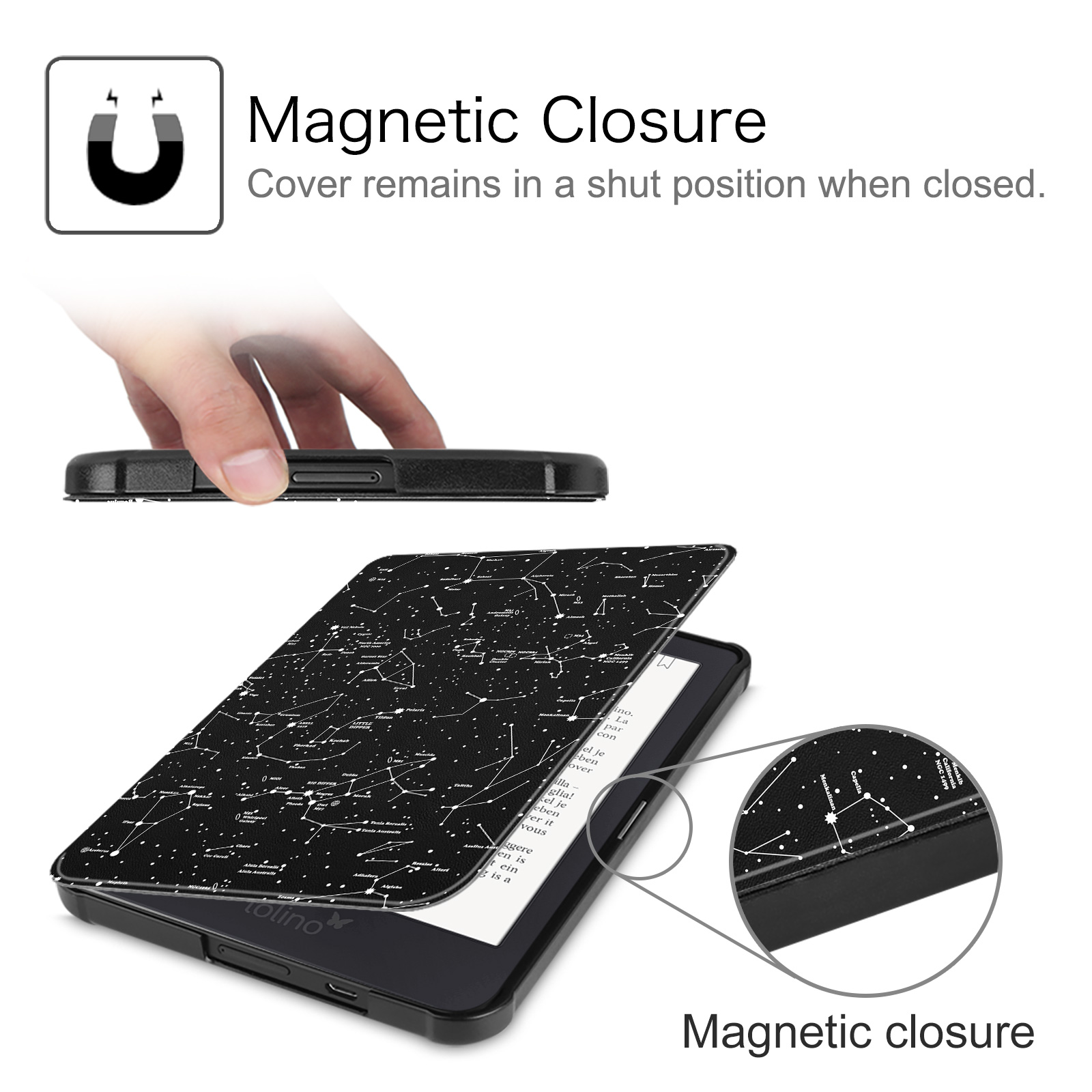 Ein geöffneter E-Reader mit Nachthimmel-Design-Hülle. Eine Hand hält die Hülle offen. Der Hintergrund ist weiß.