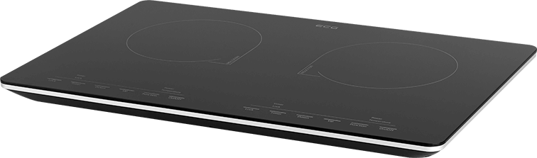Czarna płyta indukcyjna z dwoma strefami gotowania, sterowaniem dotykowym i białą obwódką. Powierzchnia jest błyszcząca.
