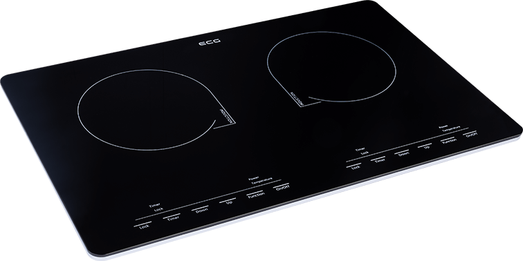 Czarna płyta indukcyjna z dwoma okrągłymi palnikami i panelem sterowania z tekstem.