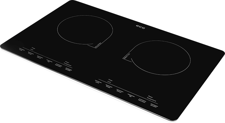 Czarna płyta indukcyjna z dwoma okrągłymi strefami gotowania i panelem sterowania.