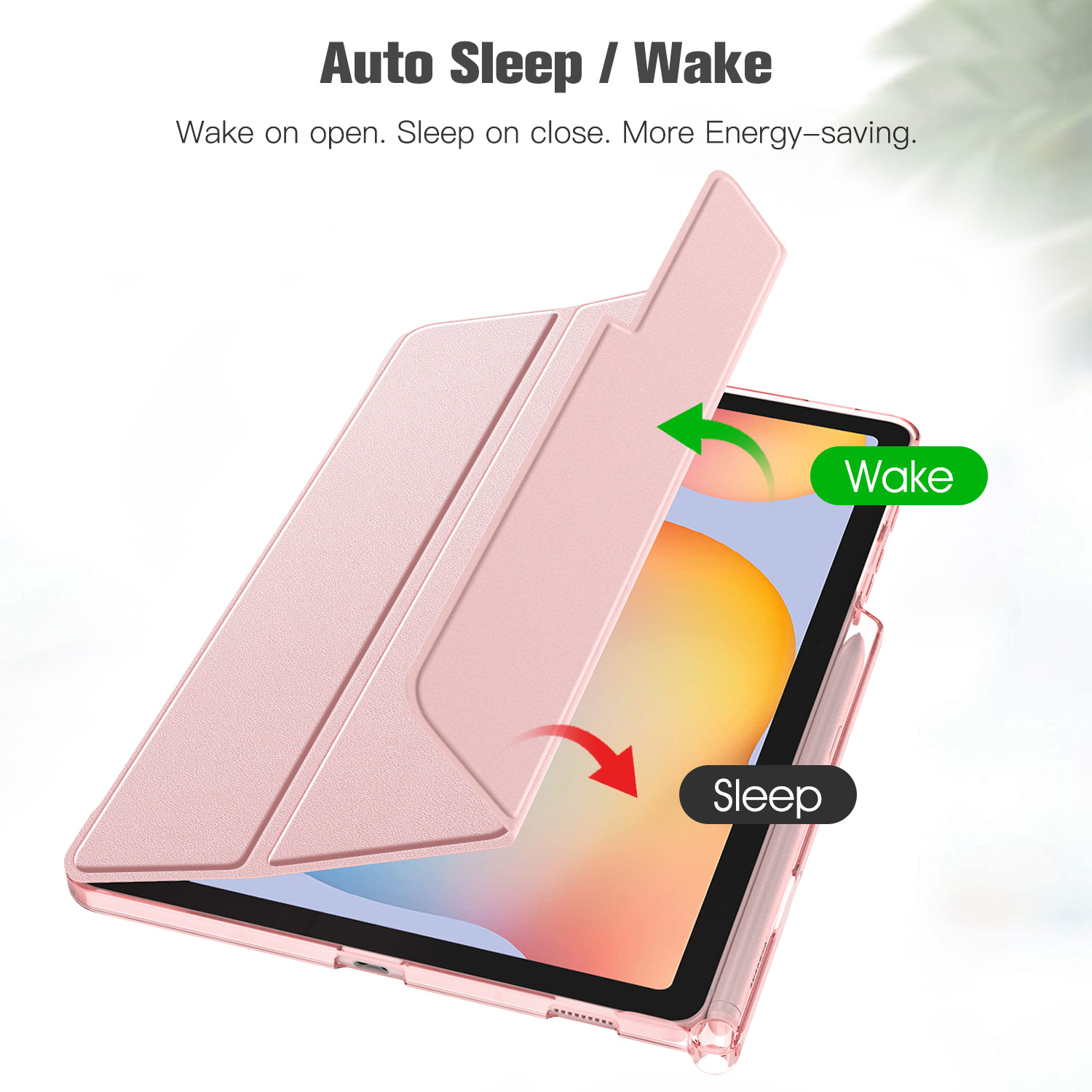 Rosa Tablet-Hülle, teilweise geöffnet. Text: Auto Sleep/Wake. Weißer Hintergrund.