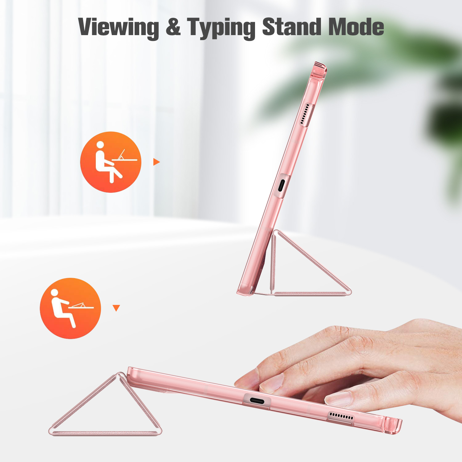 Rosa Tablet-Hülle im Standmodus. Zeigt ein Tablet im Standmodus zum Betrachten und Tippen.