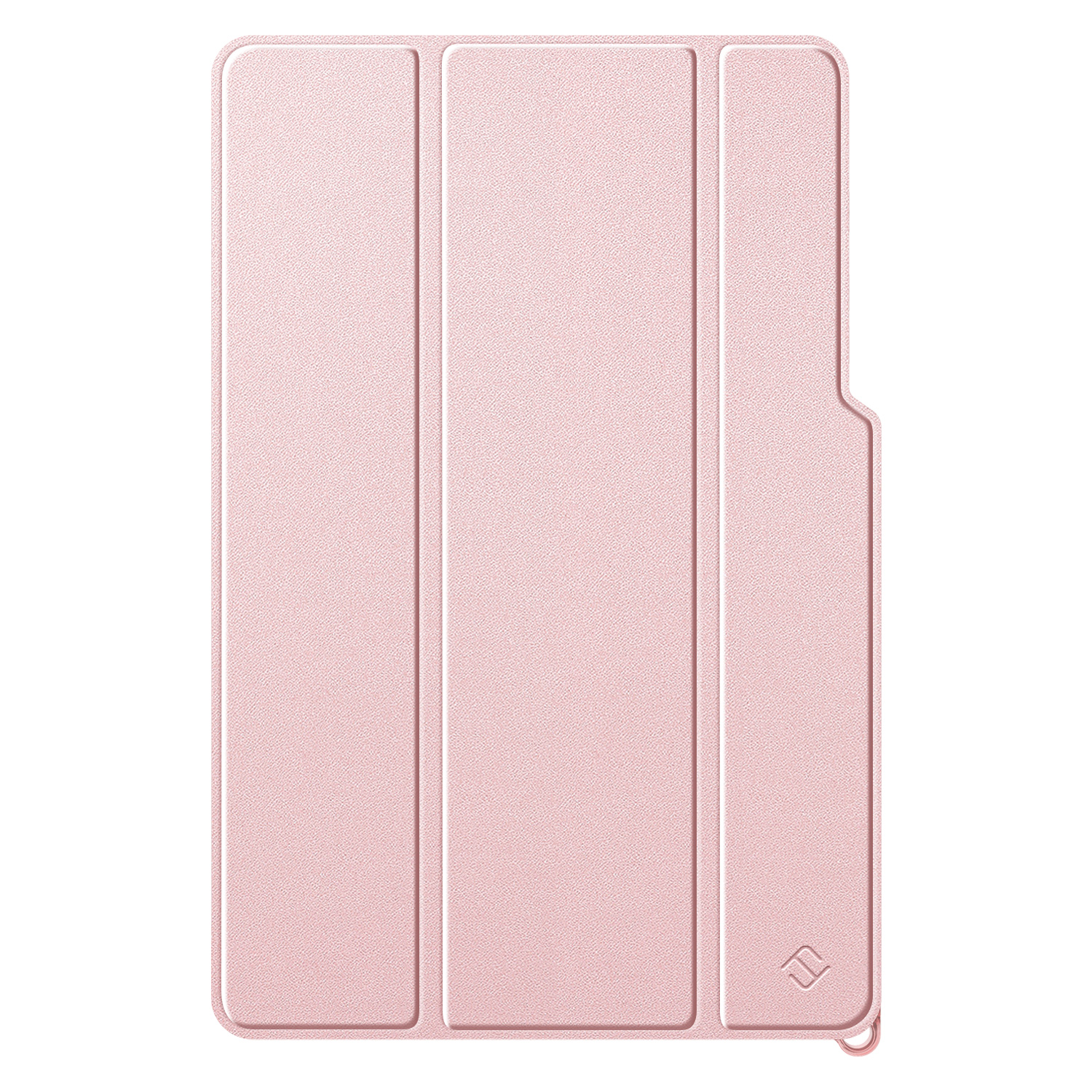 Rosafarbene Tablet-Hülle, zusammengeklappt. Strukturierte Oberfläche, Seite mit Schlaufe.