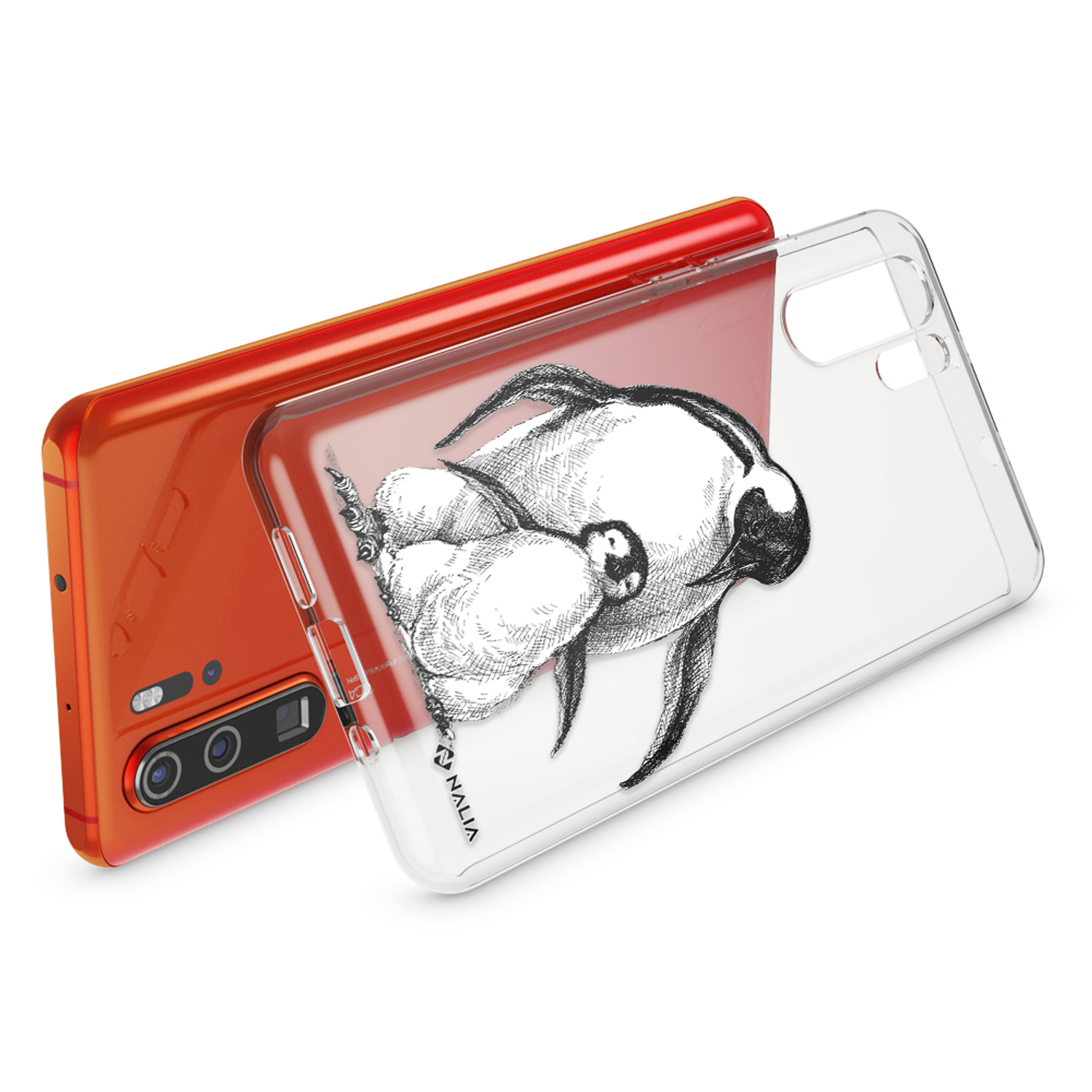 Rotes Telefon mit klarer Hülle. Pinguin-Skizze auf der Hülle. Schwarz-Weiß-Illustration auf der transparenten Hülle.