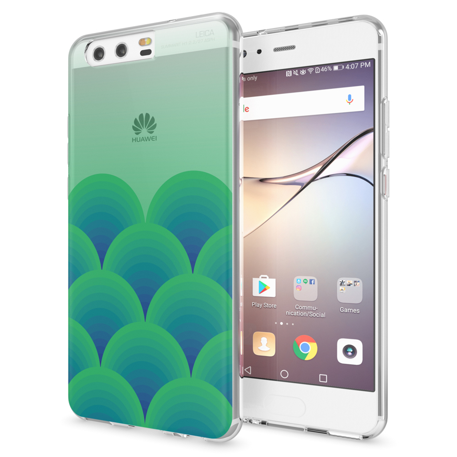Ein Telefon in einer transparenten Hülle, mit grünem Muster auf der Rückseite, ein weißes Telefon und eine transparente Hülle.