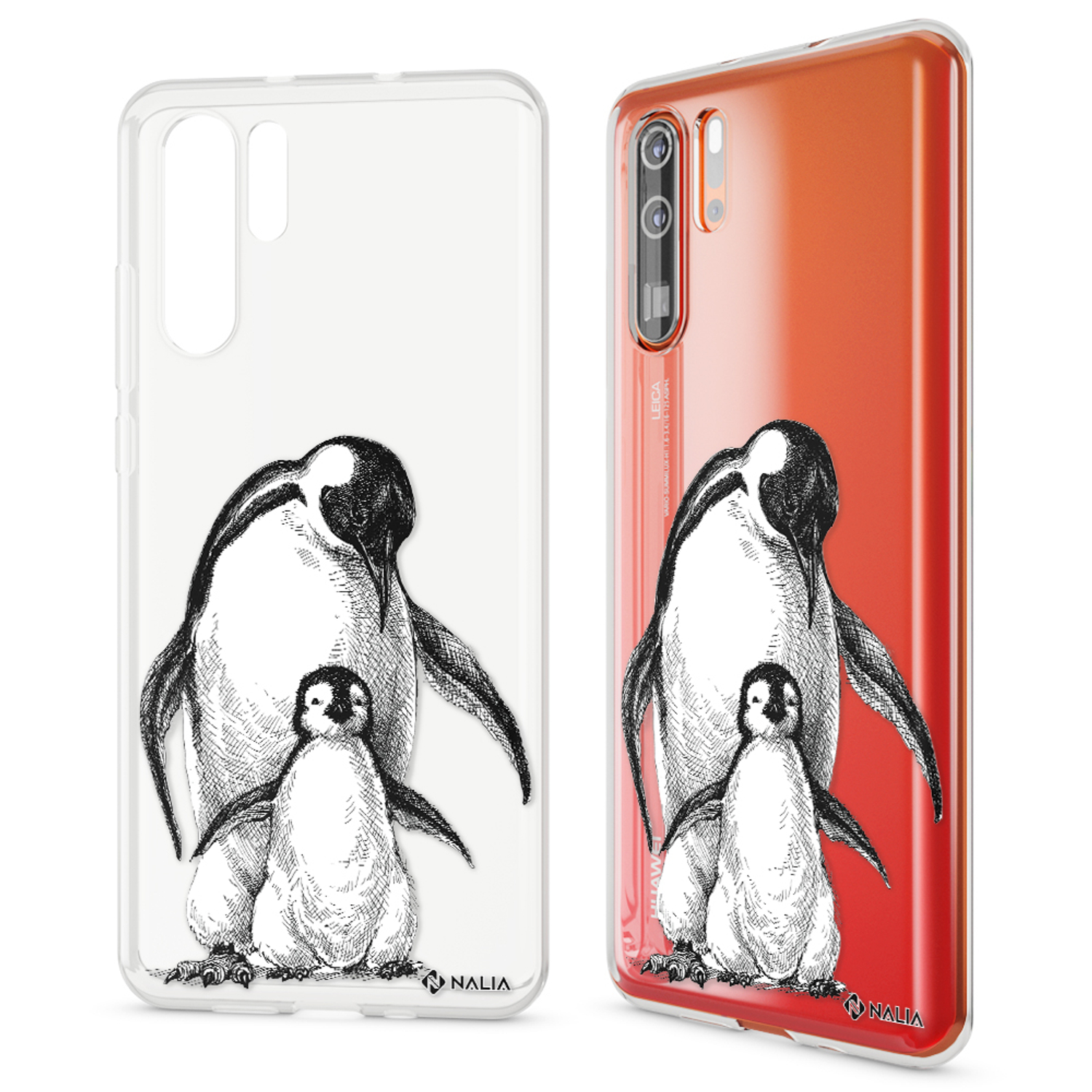 Zwei Handyhüllen, eine auf weißem Untergrund und die andere auf rotem, beide mit Pinguin-Kunst.