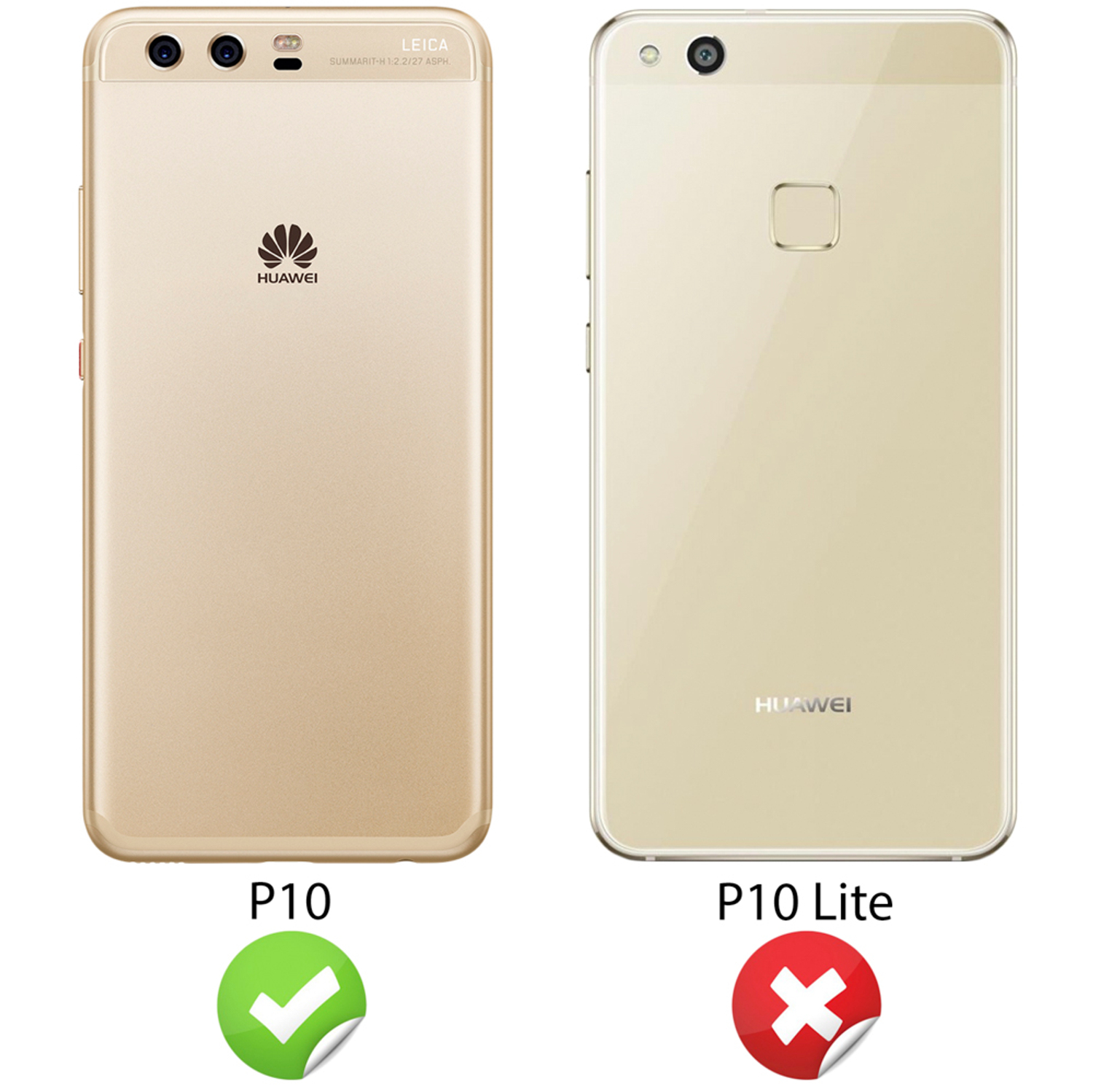 Deux téléphones Huawei dorés. L'un est un P10, l'autre un P10 Lite. Le P10 a une coche verte, l'autre un X rouge.