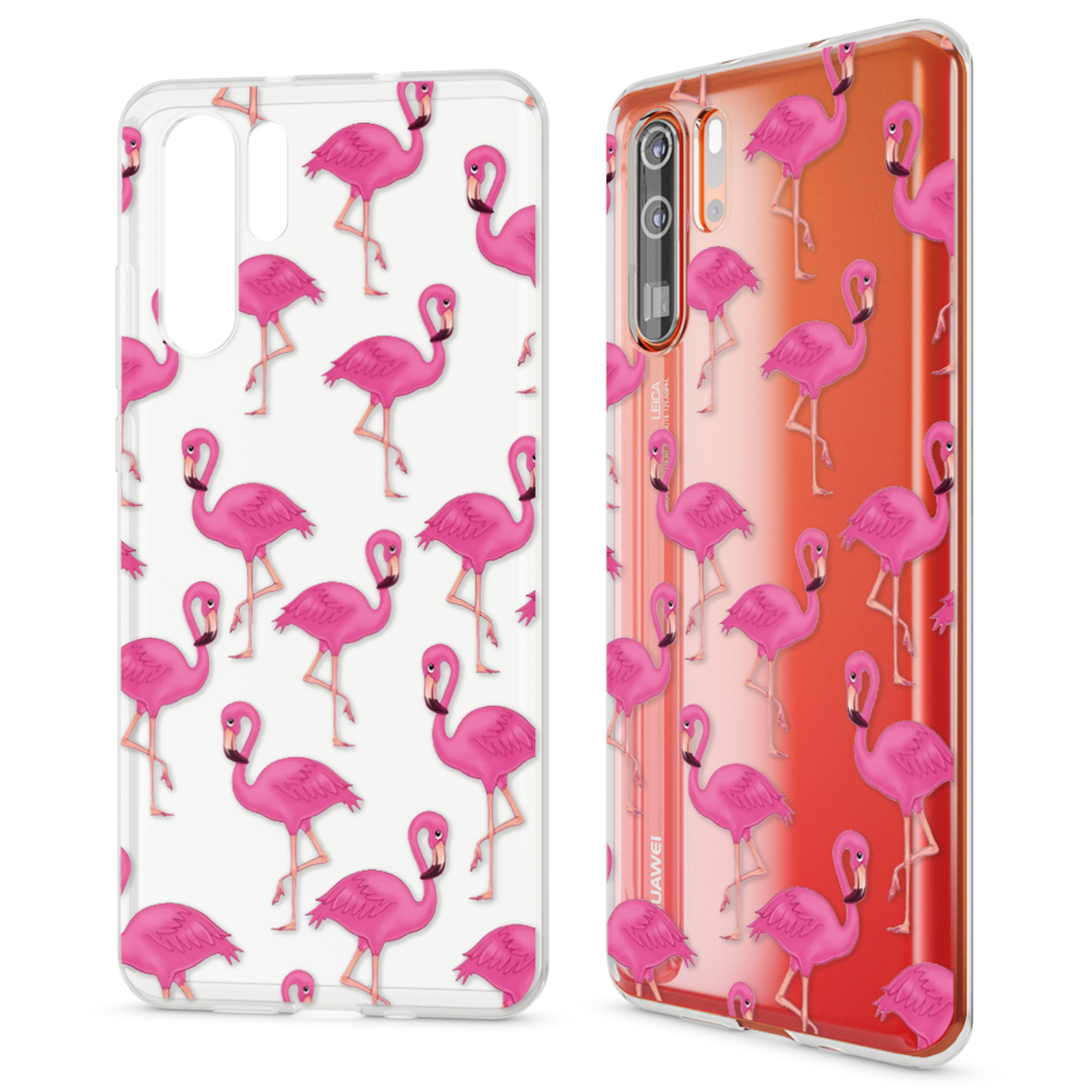 Coques de téléphone avec motif flamant rose. Une transparente, l'autre avec dégradé orange.