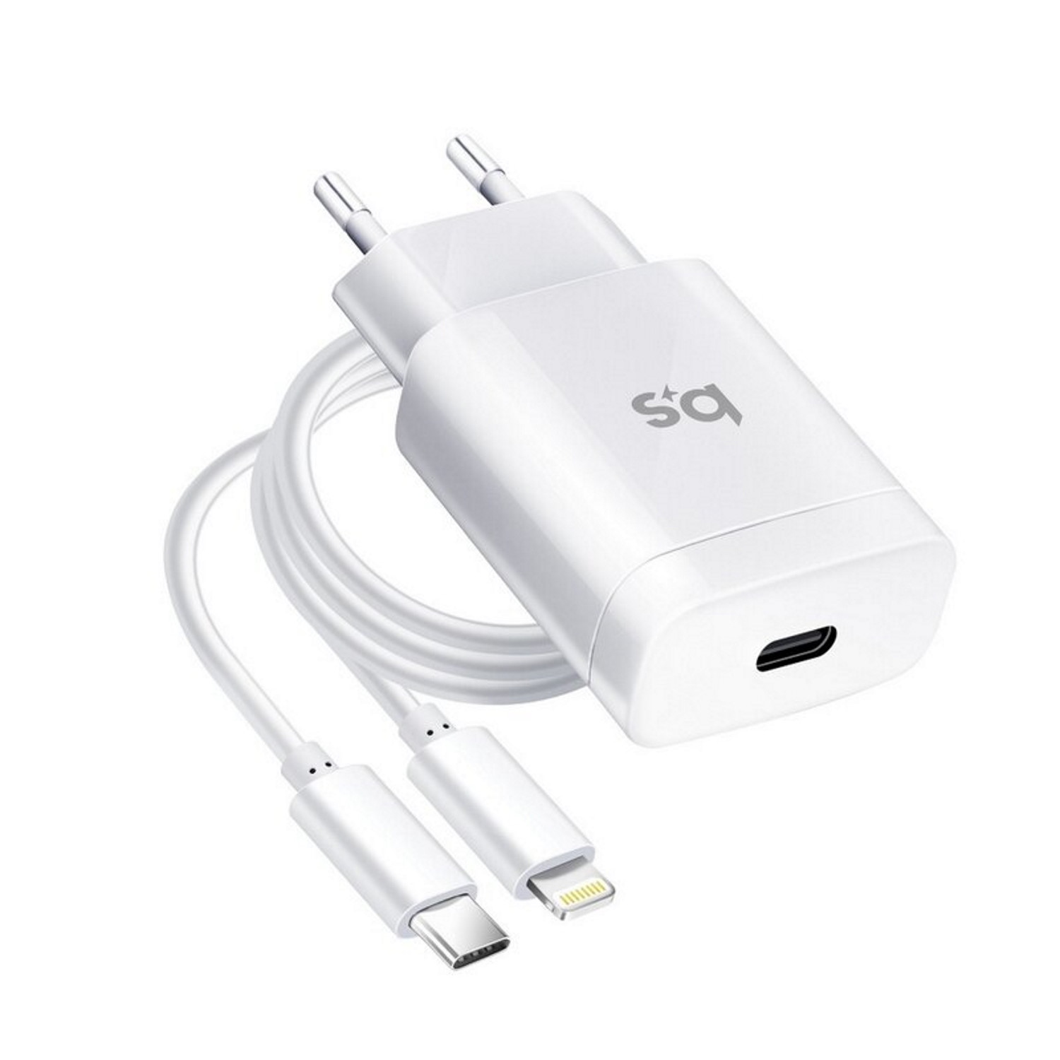 Ein weißes Telefonladegerät mit einem USB-C-Anschluss und einem Lightning-Anschluss und Kabelanschlüssen.