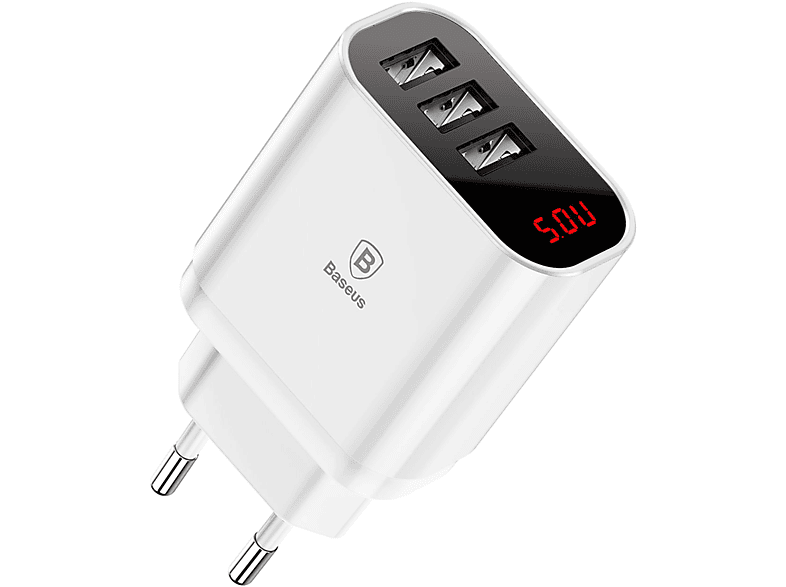 BASEUS 3-Fach USB Voltmeter Weiß Ladegerät Netzteil Universal, 3.4A Anzeige LED