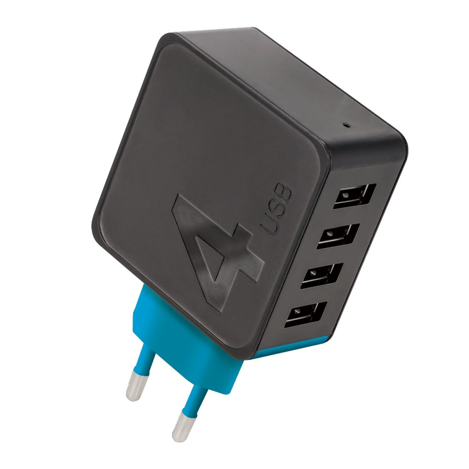 Schwarzes USB-Ladegerät mit vier Anschlüssen, einem blauen Stecker und der Zahl 4.
