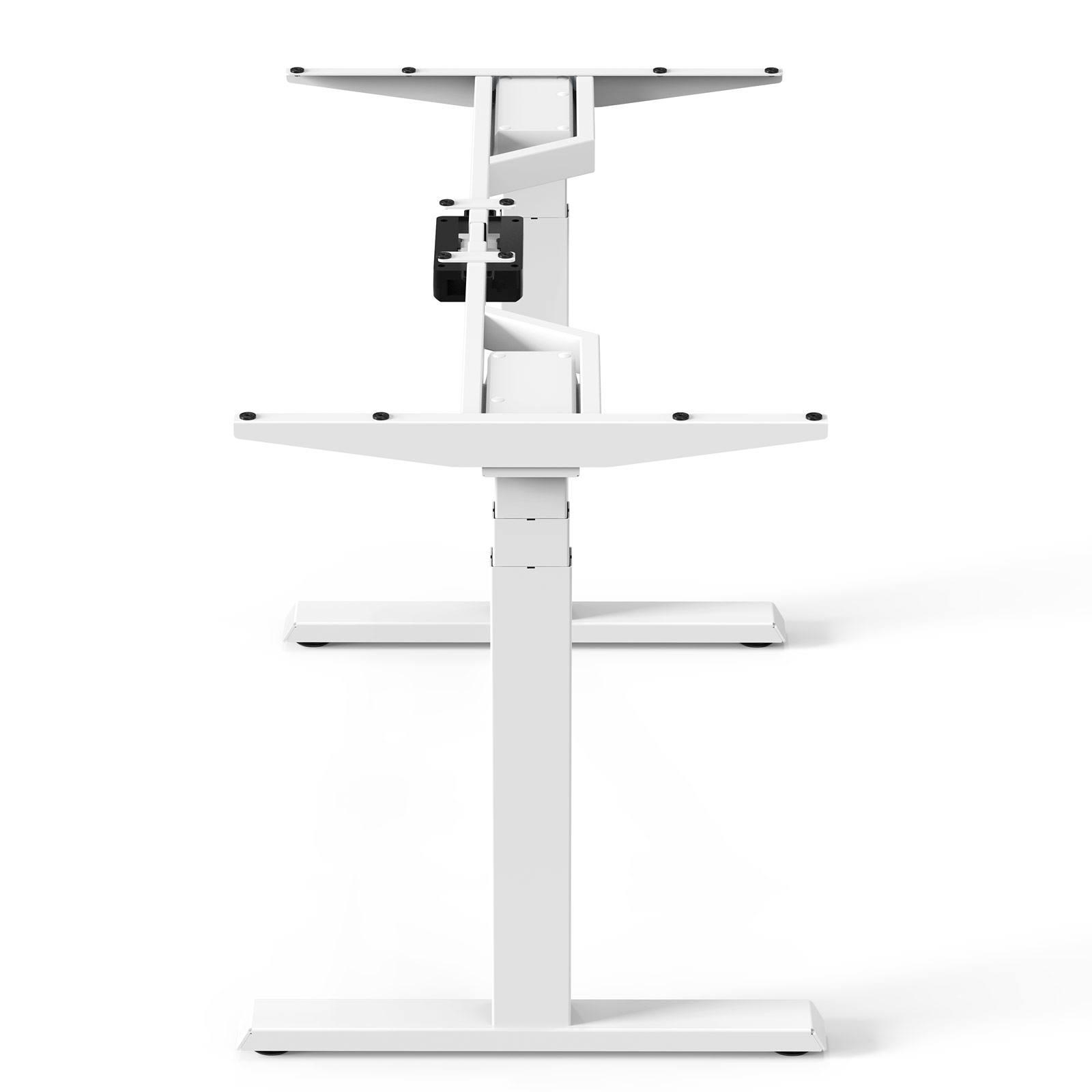 Weißes Stehpultgestell mit zwei Tischplatten. Es hat eine Mittelsäule und zwei Füße unten.