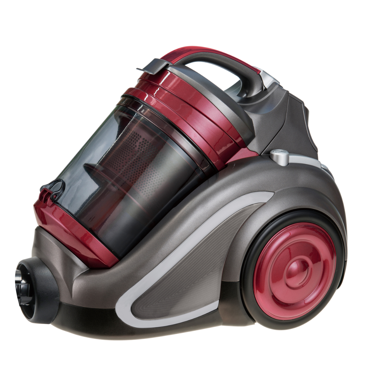 Ein roter und grauer Staubsauger mit transparentem Behälter auf weißem Hintergrund.
