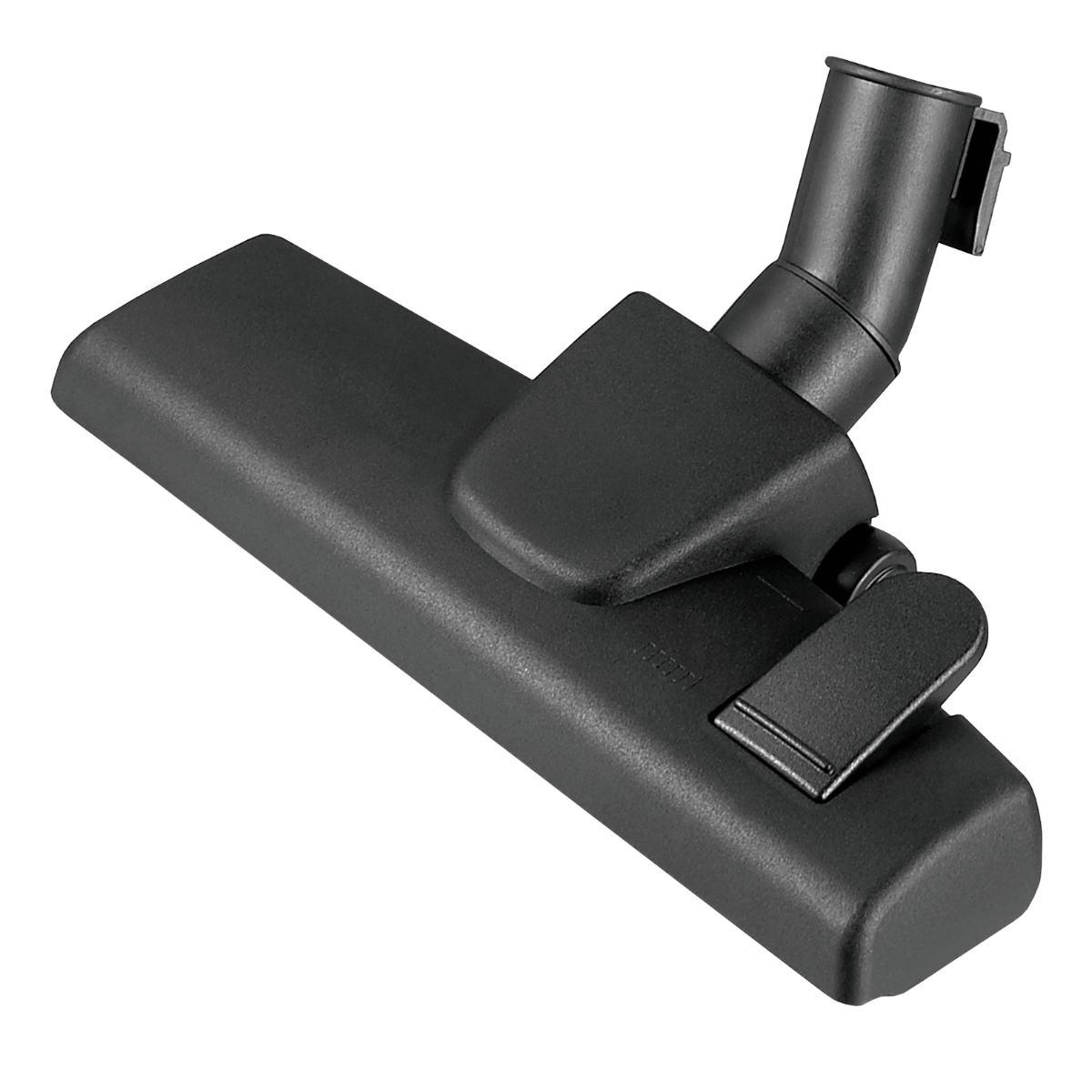 Schwarzer Staubsaugerkopf mit rechteckiger Basis, abgewinkeltem Düsenansatz und Clip-on-Bereich.