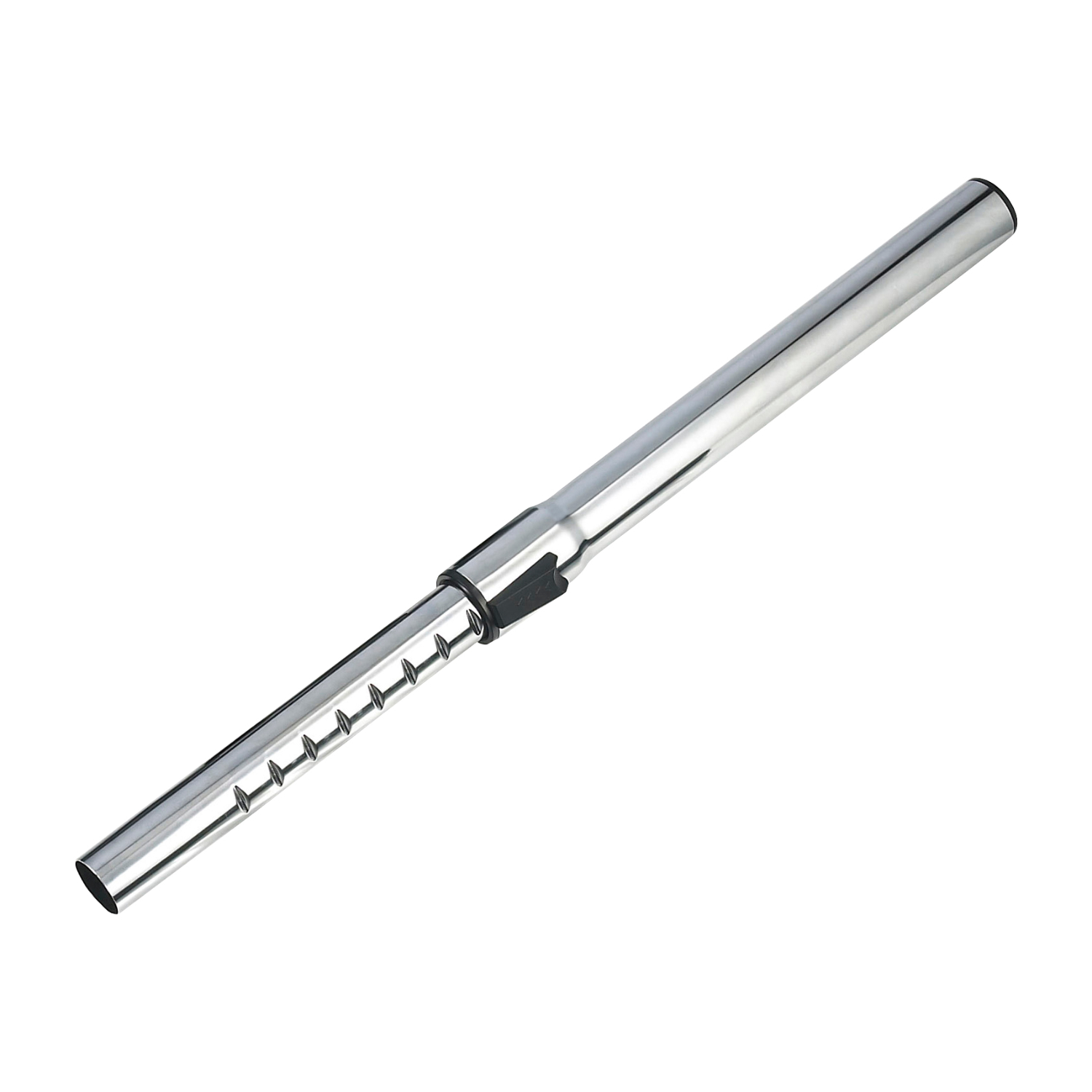 Ein glänzendes, verchromtes Staubsaugerrohr. Es ist ein langes Metallrohr mit einem schwarzen Verstellstück.