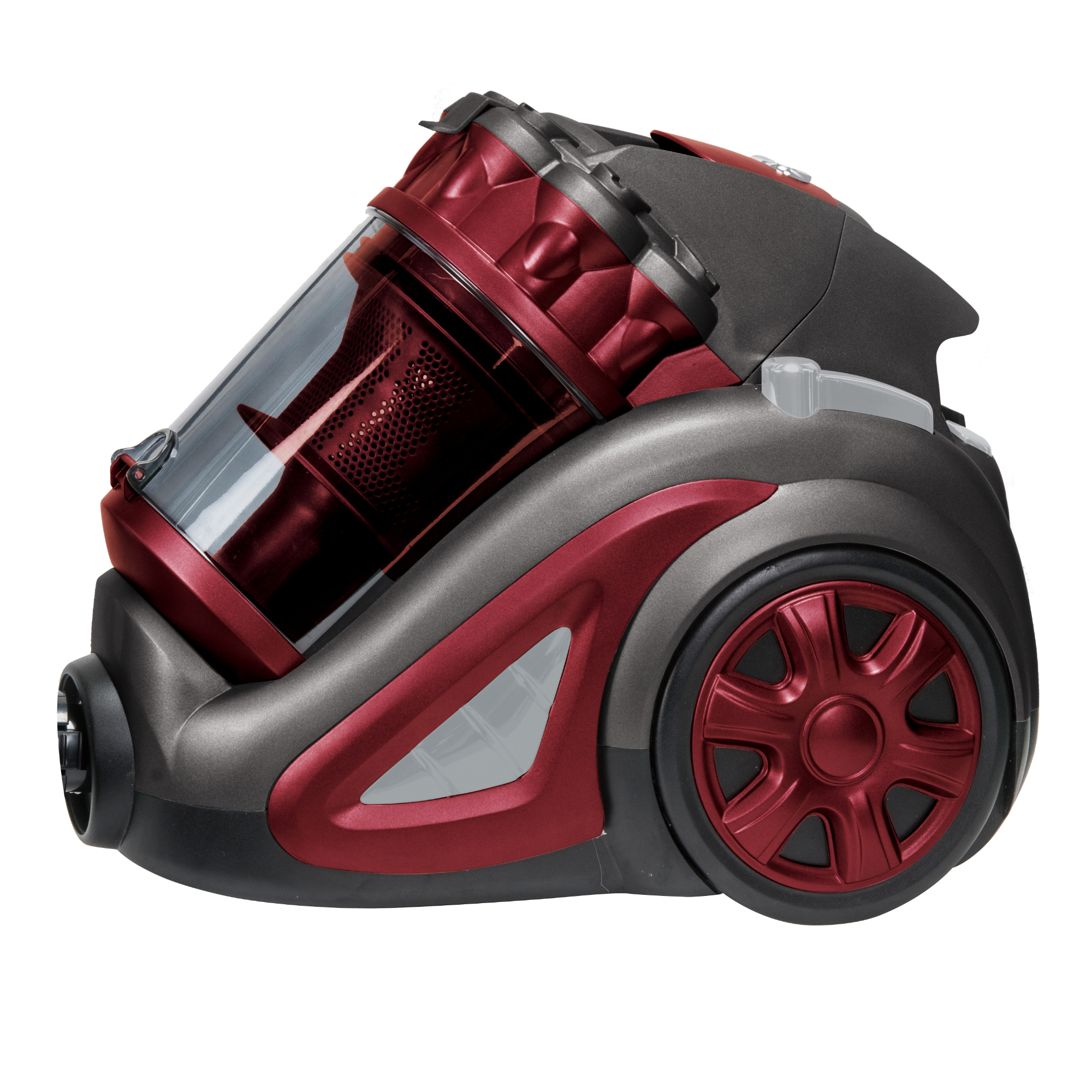 Ein roter und grauer Staubsauger mit transparenter Staubkammer und roten Rädern.