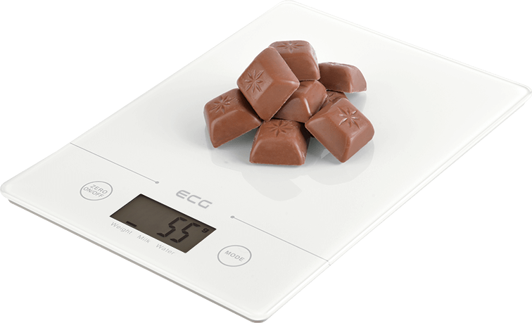 Eine weiße digitale Küchenwaage mit 55g Schokoladenquadraten darauf.