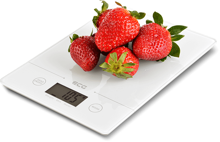 Eine weiße Digitalwaage mit Erdbeeren darauf, die ein Gewicht von 105 anzeigt.