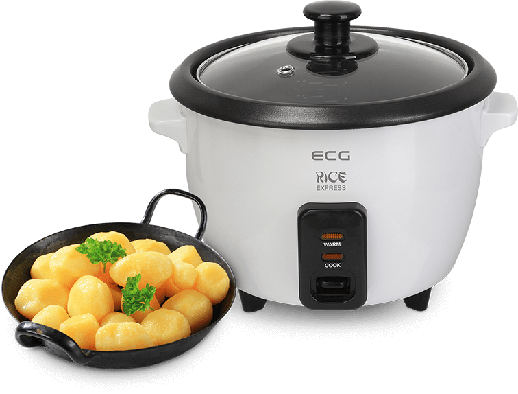Białe urządzenie do gotowania ryżu z czarną pokrywą po prawej, ziemniaki na patelni po lewej.
